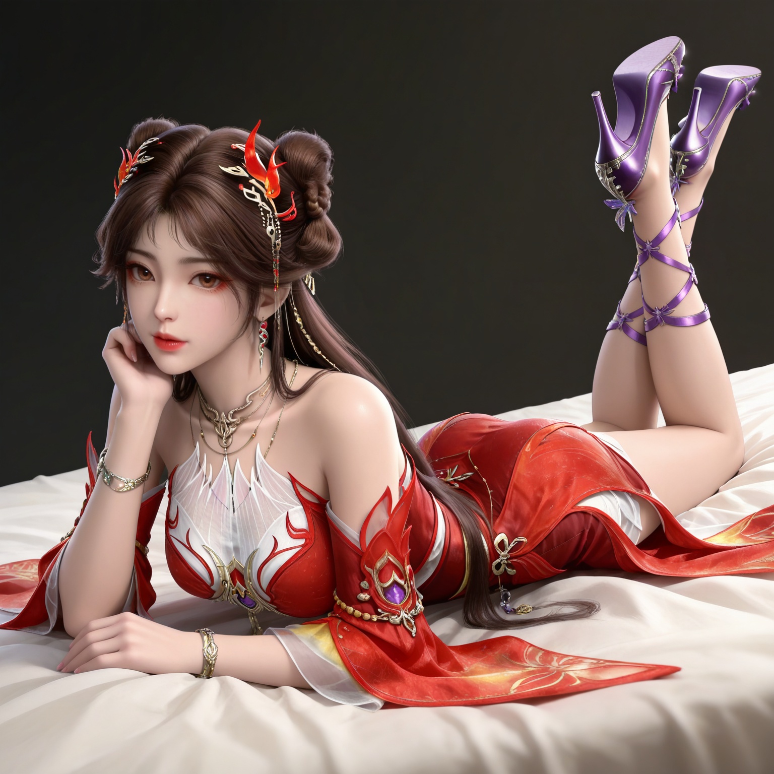 masterpiece,high quality,tall,game cg,highres,(white_skin:0.6),(shiny_skin:0.6),(realistic:1.1),looking_at_viewer,lvjing,black_background,simple background,,
brown hair,long hair,brown eyes,double bun,huolinger red dress,detached_sleeves,hair_ornament,earrings,bare shoulders,necklace,1girl,solo,bracelet,high_heels,jewelry,purple footwear,,
full body,legs,long legs,hand on hip,bed,dynamic_angle,dutch angle,on_stomach,feet up,bed,
