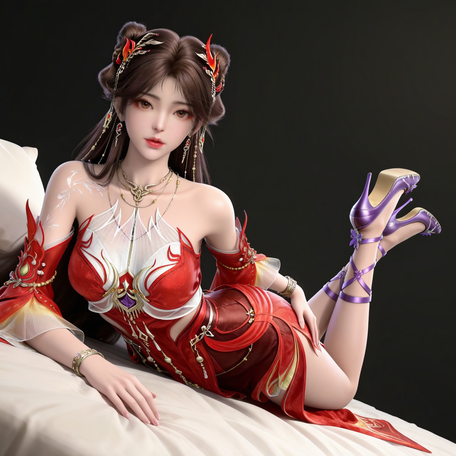 masterpiece,high quality,tall,game cg,highres,(white_skin:0.6),(shiny_skin:0.6),(realistic:1.1),looking_at_viewer,lvjing,black_background,simple background,,
brown hair,long hair,brown eyes,double bun,huolinger red dress,detached_sleeves,hair_ornament,earrings,bare shoulders,necklace,1girl,solo,bracelet,high_heels,jewelry,purple footwear,,
full body,legs,long legs,hand on hip,bed,dynamic_angle,dutch angle,on_stomach,feet up,bed,
