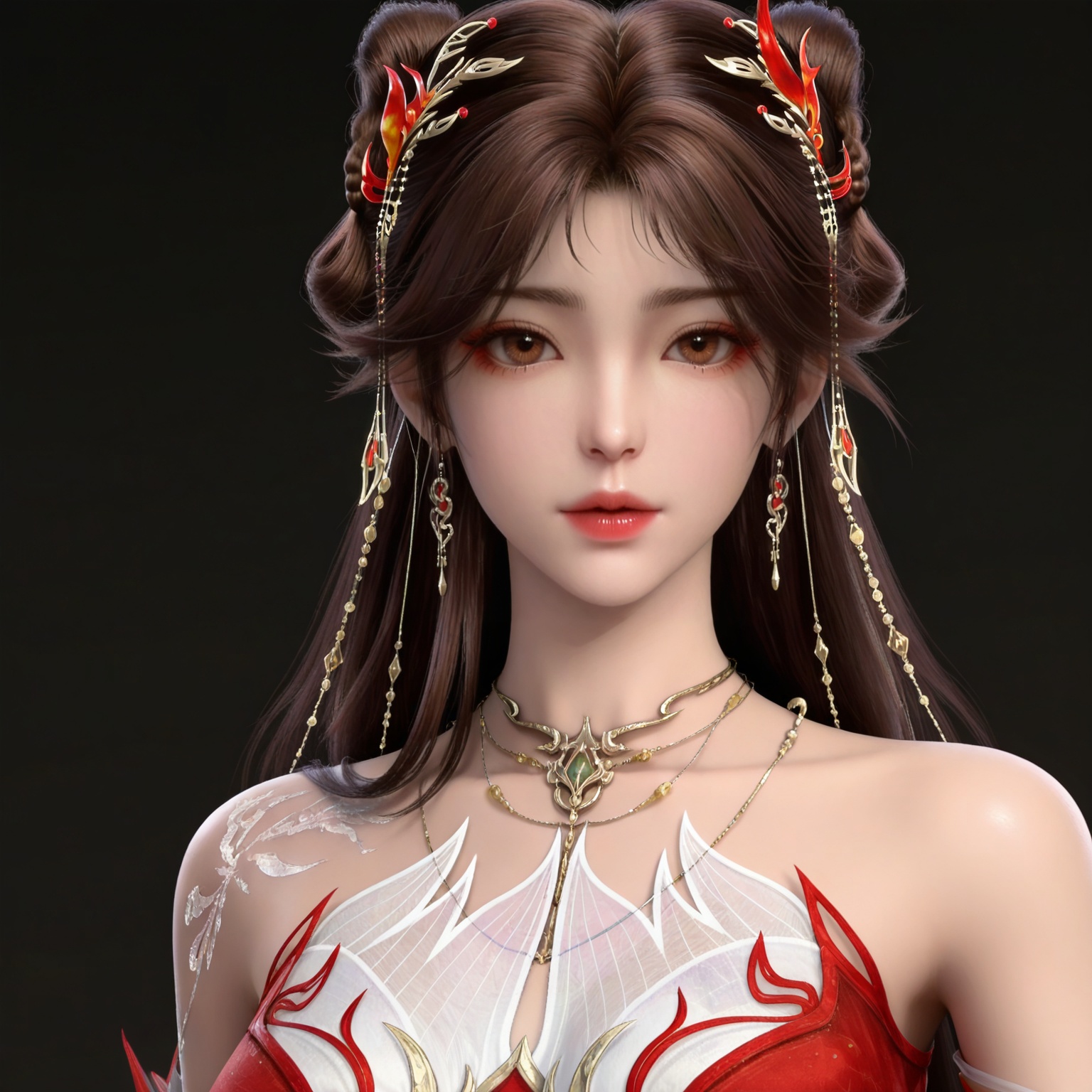 masterpiece,high quality,tall,game cg,highres,(white_skin:0.6),(shiny_skin:0.6),(realistic:1.1),looking_at_viewer,lvjing,black_background,simple background,,
brown hair,long hair,brown eyes,double bun,huolinger red dress,detached_sleeves,hair_ornament,earrings,bare shoulders,necklace,
upper body,