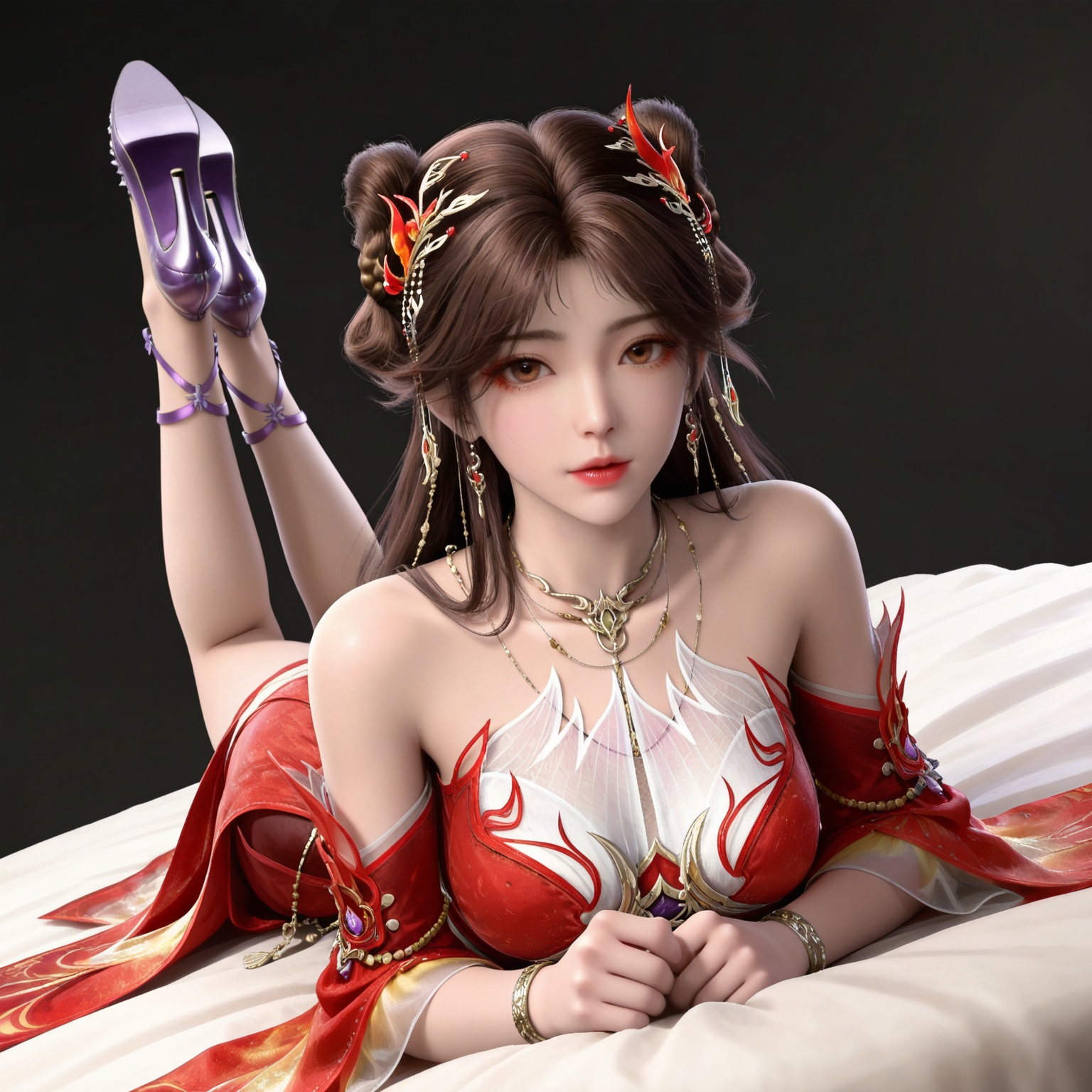 masterpiece,high quality,tall,game cg,highres,(white_skin:0.6),(shiny_skin:0.6),(realistic:1.1),looking_at_viewer,lvjing,black_background,simple background,,
brown hair,long hair,brown eyes,double bun,huolinger red dress,detached_sleeves,hair_ornament,earrings,bare shoulders,necklace,1girl,solo,bracelet,high_heels,jewelry,purple footwear,,
full body,legs,long legs,hand on hip,bed,dynamic_angle,dutch angle,on_stomach,feet up,bed,
