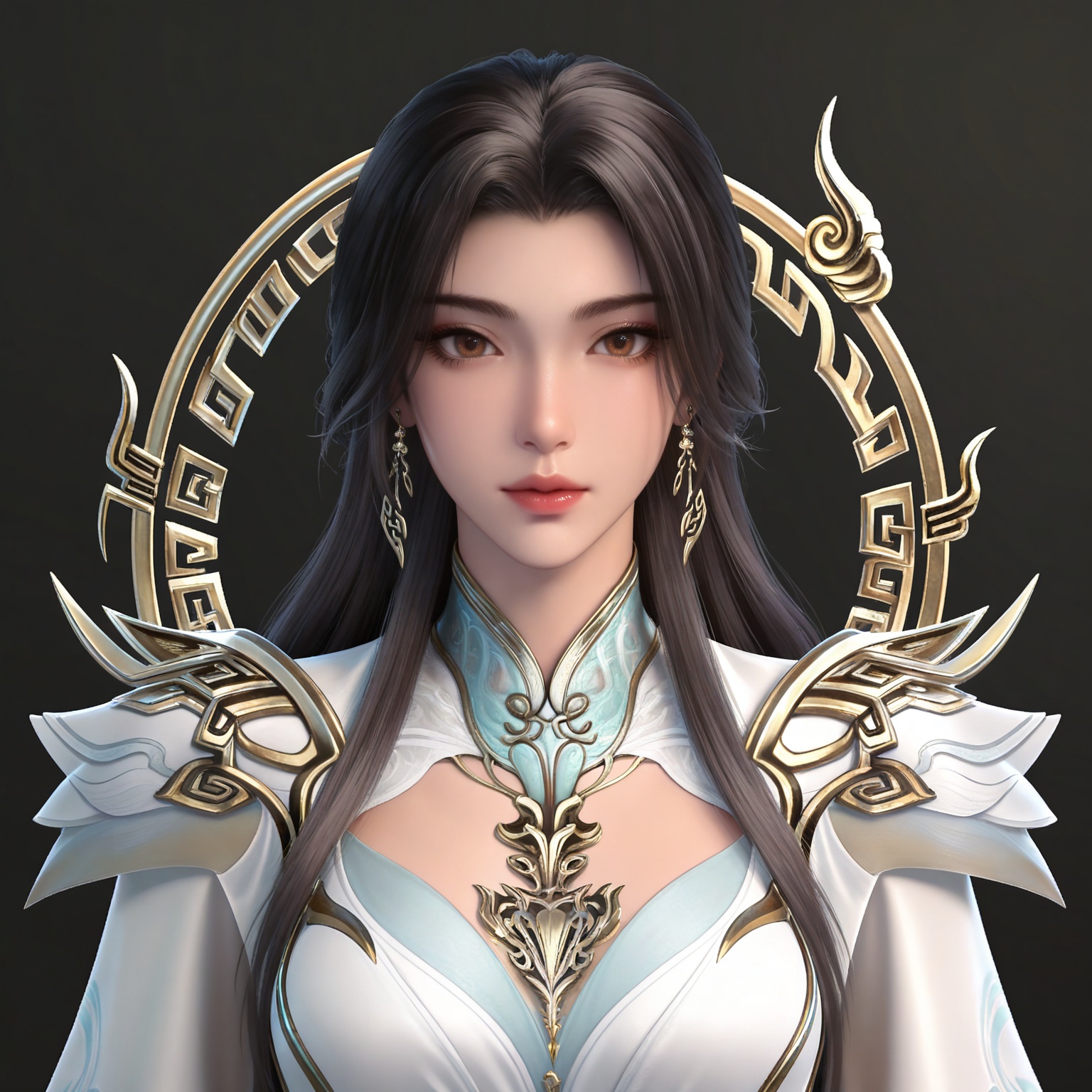 masterpiece,high quality,tall,game cg,highres,(white_skin:0.6),(shiny_skin:0.6),(realistic:1.1),looking_at_viewer,lvjing,black_background,simple background,,
black hair,long hair,brown eyes,earrings,hair_ornament,chinese clothes,cleavage cutout,henren white dress,long_sleeves,
upper body,