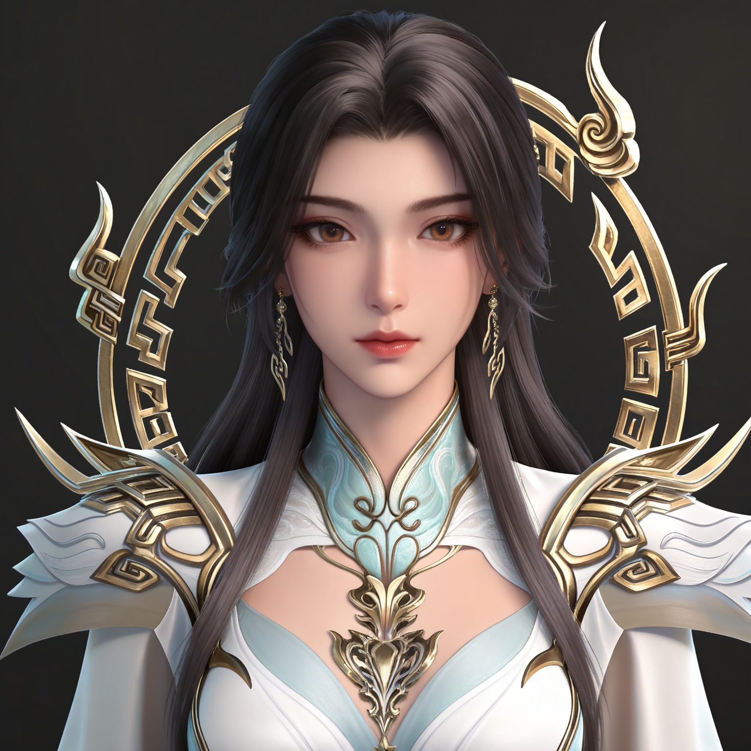 masterpiece,high quality,tall,game cg,highres,(white_skin:0.6),(shiny_skin:0.6),(realistic:1.1),looking_at_viewer,lvjing,black_background,simple background,,
black hair,long hair,brown eyes,earrings,hair_ornament,chinese clothes,cleavage cutout,henren white dress,long_sleeves,
upper body,