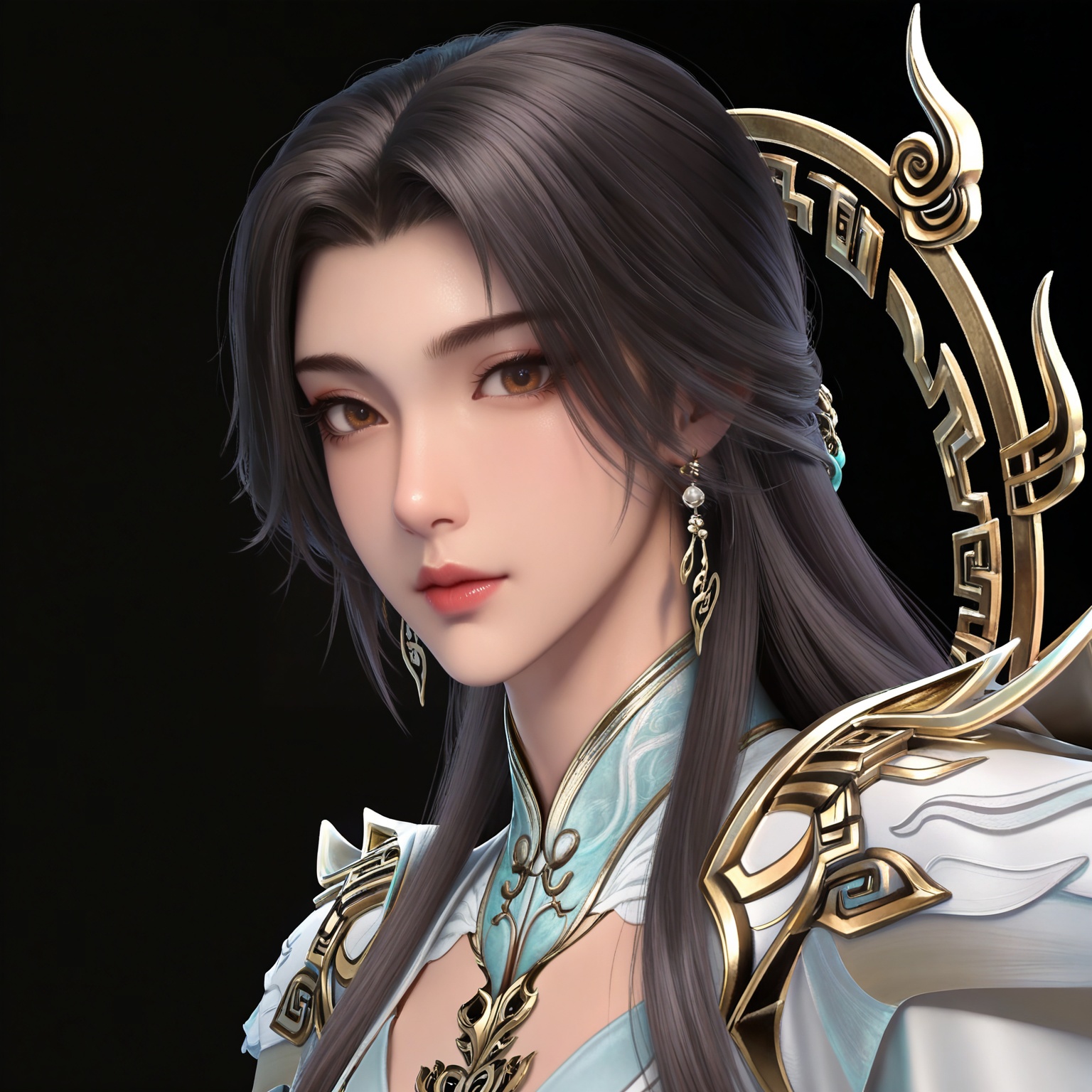 masterpiece,high quality,tall,game cg,highres,(white_skin:0.6),(shiny_skin:0.6),(realistic:1.1),looking_at_viewer,lvjing,black_background,simple background,,
black hair,long hair,brown eyes,earrings,hair_ornament,chinese clothes,cleavage cutout,henren white dress,long_sleeves,
upper body,