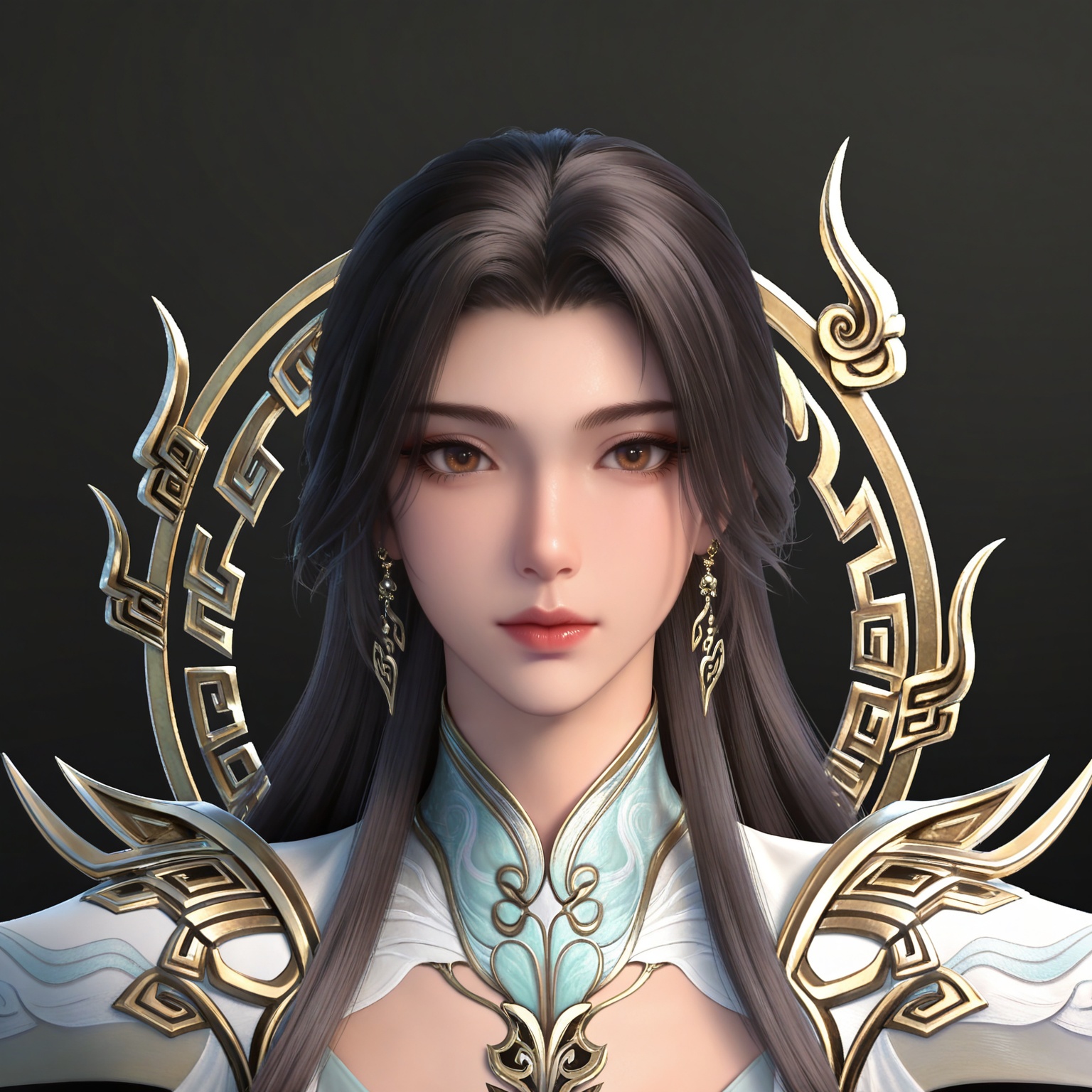 masterpiece,high quality,tall,game cg,highres,(white_skin:0.6),(shiny_skin:0.6),(realistic:1.1),looking_at_viewer,lvjing,black_background,simple background,,
black hair,long hair,brown eyes,earrings,hair_ornament,chinese clothes,cleavage cutout,henren white dress,long_sleeves,
upper body,