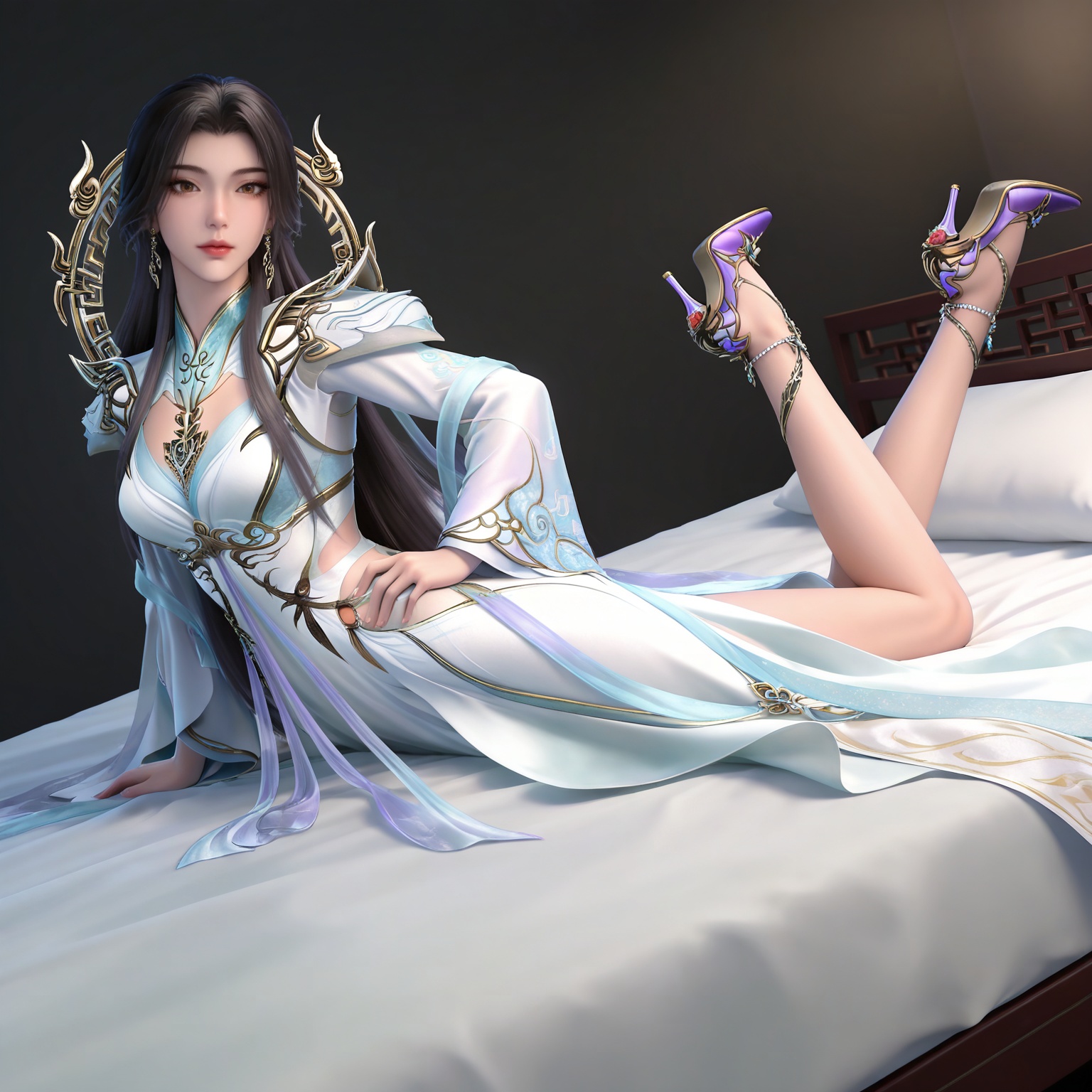 masterpiece,high quality,tall,game cg,highres,(white_skin:0.6),(shiny_skin:0.6),(realistic:1.1),looking_at_viewer,lvjing,black_background,simple background,,
black hair,long hair,brown eyes,earrings,hair_ornament,chinese clothes,cleavage cutout,henren white dress,long_sleeves,1girl,solo,high_heels,jewelry,purple footwear,,
full body,legs,long legs,hand on hip,bed,dynamic_angle,dutch angle,on_stomach,feet up,bed,