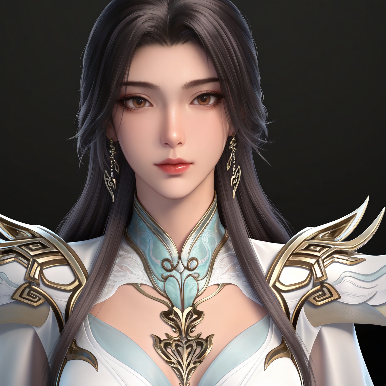 masterpiece,high quality,tall,game cg,highres,(white_skin:0.6),(shiny_skin:0.6),(realistic:1.1),looking_at_viewer,lvjing,black_background,simple background,,
black hair,long hair,brown eyes,earrings,hair_ornament,chinese clothes,cleavage cutout,henren white dress,long_sleeves,
upper body,