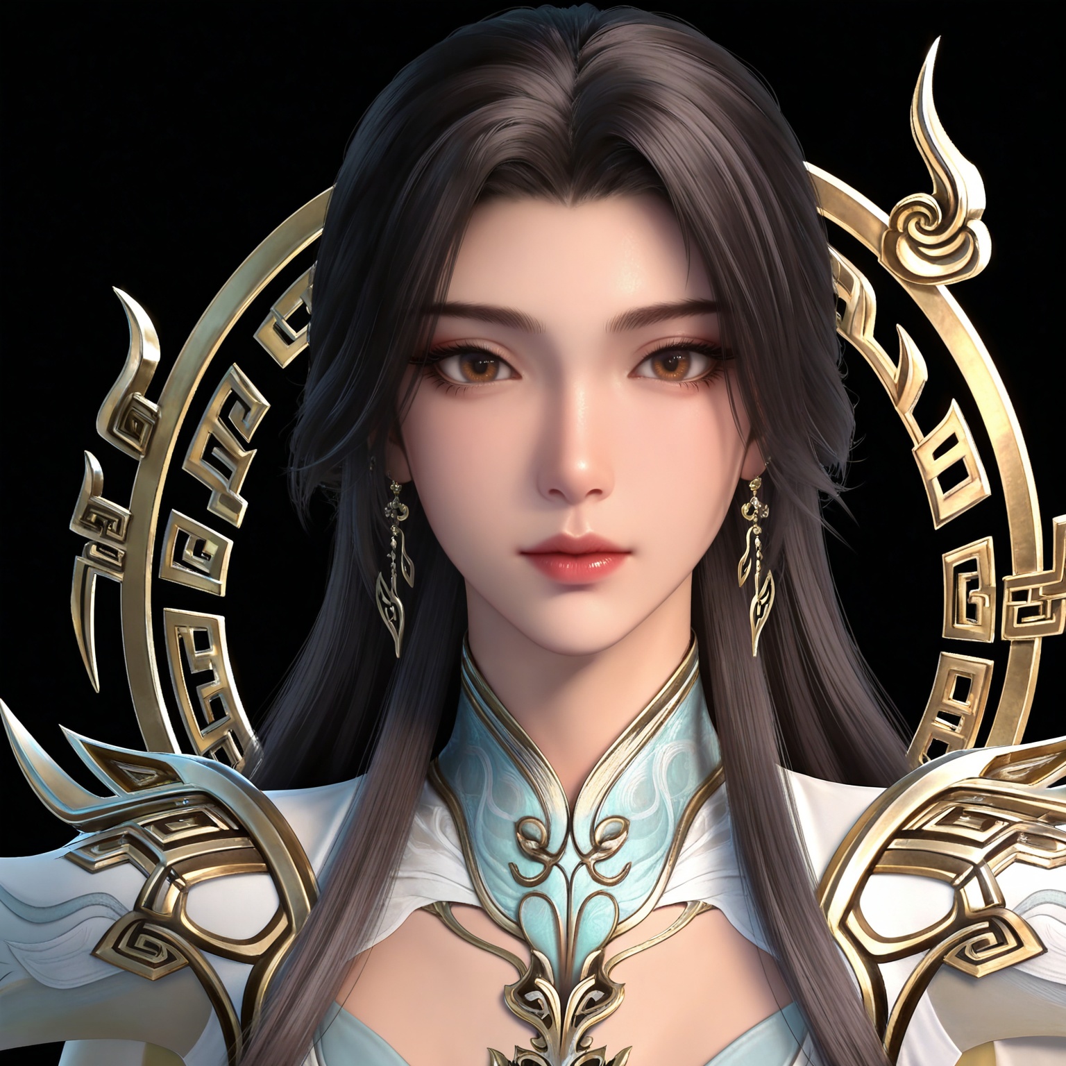 masterpiece,high quality,tall,game cg,highres,(white_skin:0.6),(shiny_skin:0.6),(realistic:1.1),looking_at_viewer,lvjing,black_background,simple background,,
black hair,long hair,brown eyes,earrings,hair_ornament,chinese clothes,cleavage cutout,henren white dress,long_sleeves,
upper body,