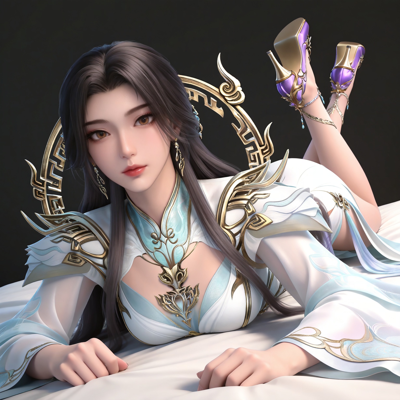 masterpiece,high quality,tall,game cg,highres,(white_skin:0.6),(shiny_skin:0.6),(realistic:1.1),looking_at_viewer,lvjing,black_background,simple background,,
black hair,long hair,brown eyes,earrings,hair_ornament,chinese clothes,cleavage cutout,henren white dress,long_sleeves,1girl,solo,high_heels,jewelry,purple footwear,,
full body,legs,long legs,hand on hip,bed,dynamic_angle,dutch angle,on_stomach,feet up,bed,