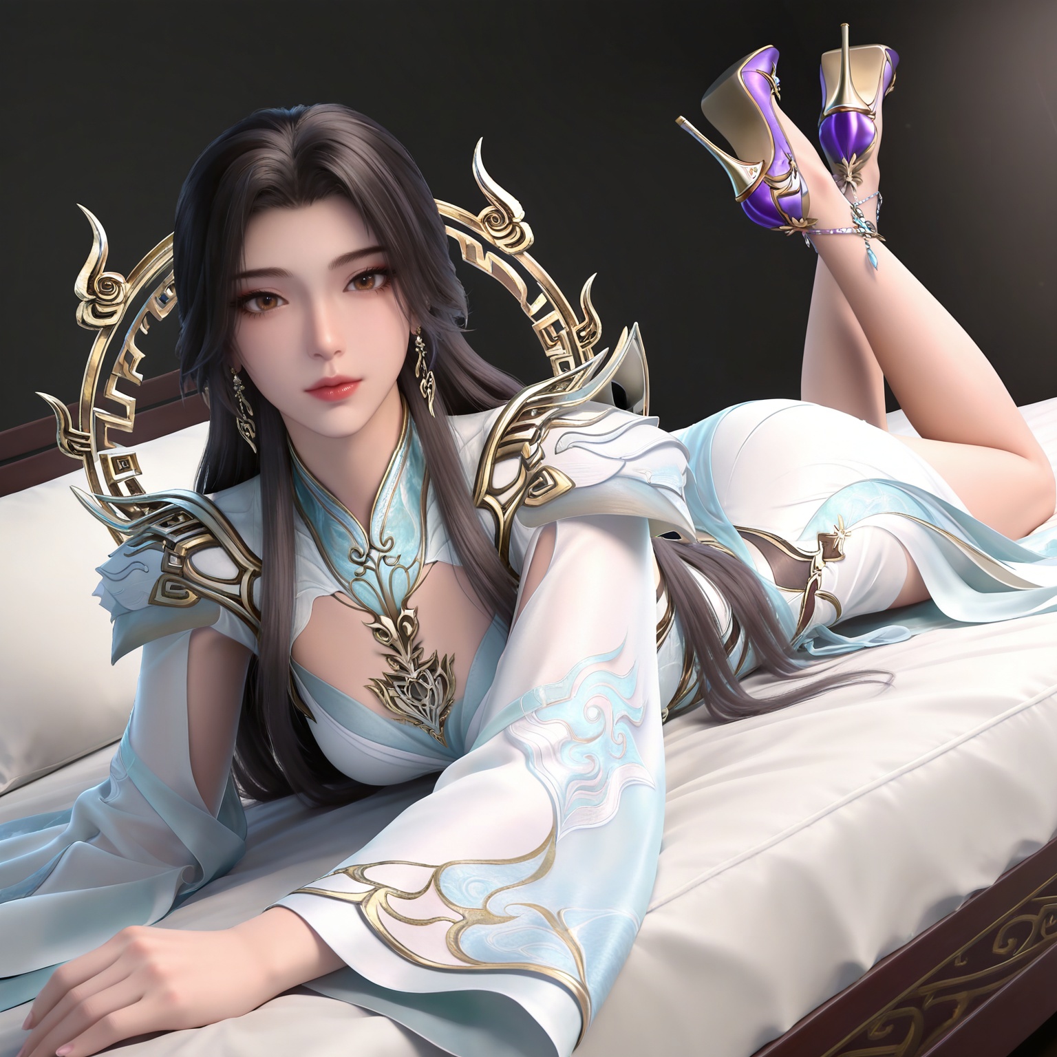 masterpiece,high quality,tall,game cg,highres,(white_skin:0.6),(shiny_skin:0.6),(realistic:1.1),looking_at_viewer,lvjing,black_background,simple background,,
black hair,long hair,brown eyes,earrings,hair_ornament,chinese clothes,cleavage cutout,henren white dress,long_sleeves,1girl,solo,high_heels,jewelry,purple footwear,,
full body,legs,long legs,hand on hip,bed,dynamic_angle,dutch angle,on_stomach,feet up,bed,