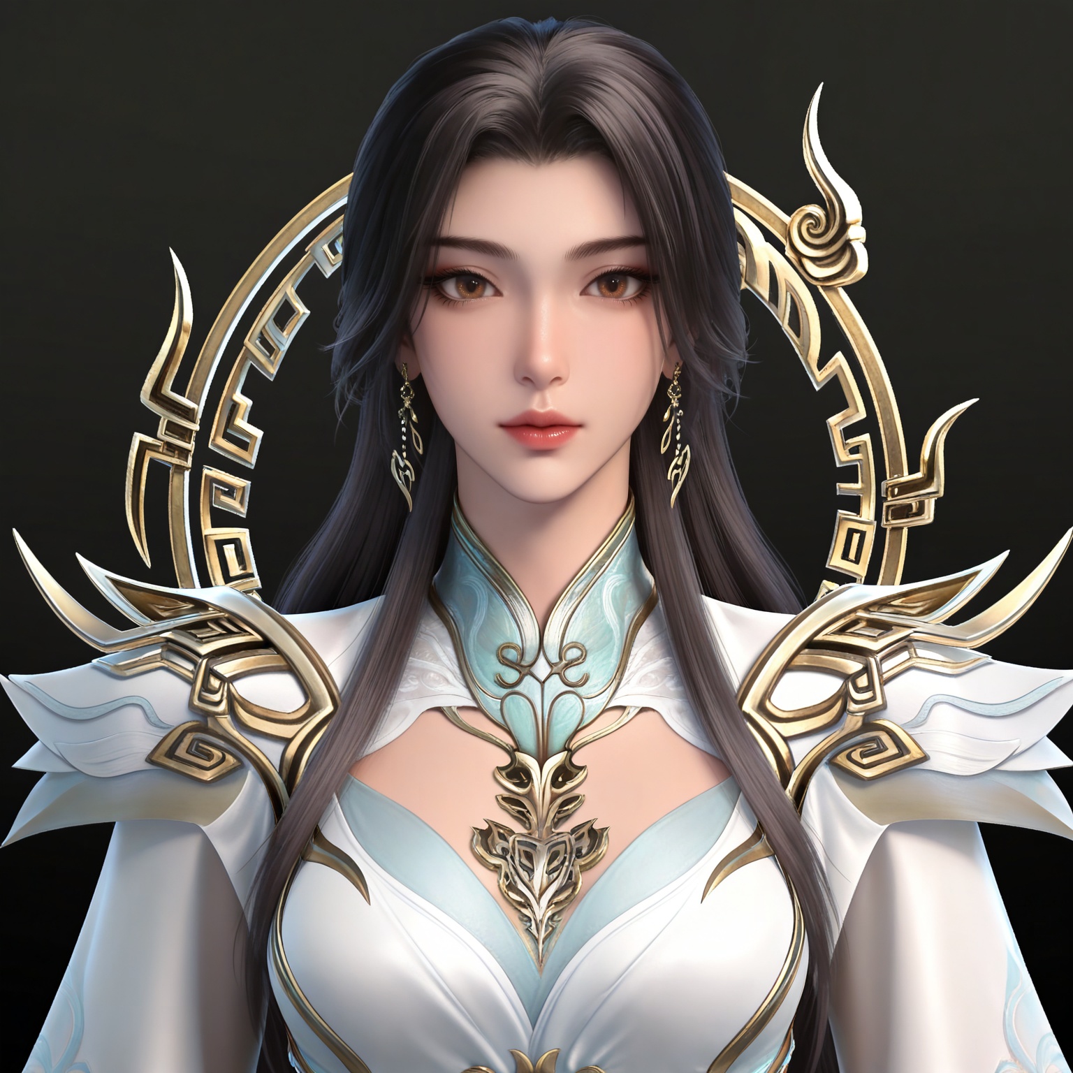 masterpiece,high quality,tall,game cg,highres,(white_skin:0.6),(shiny_skin:0.6),(realistic:1.1),looking_at_viewer,lvjing,black_background,simple background,,
black hair,long hair,brown eyes,earrings,hair_ornament,chinese clothes,cleavage cutout,henren white dress,long_sleeves,
upper body,