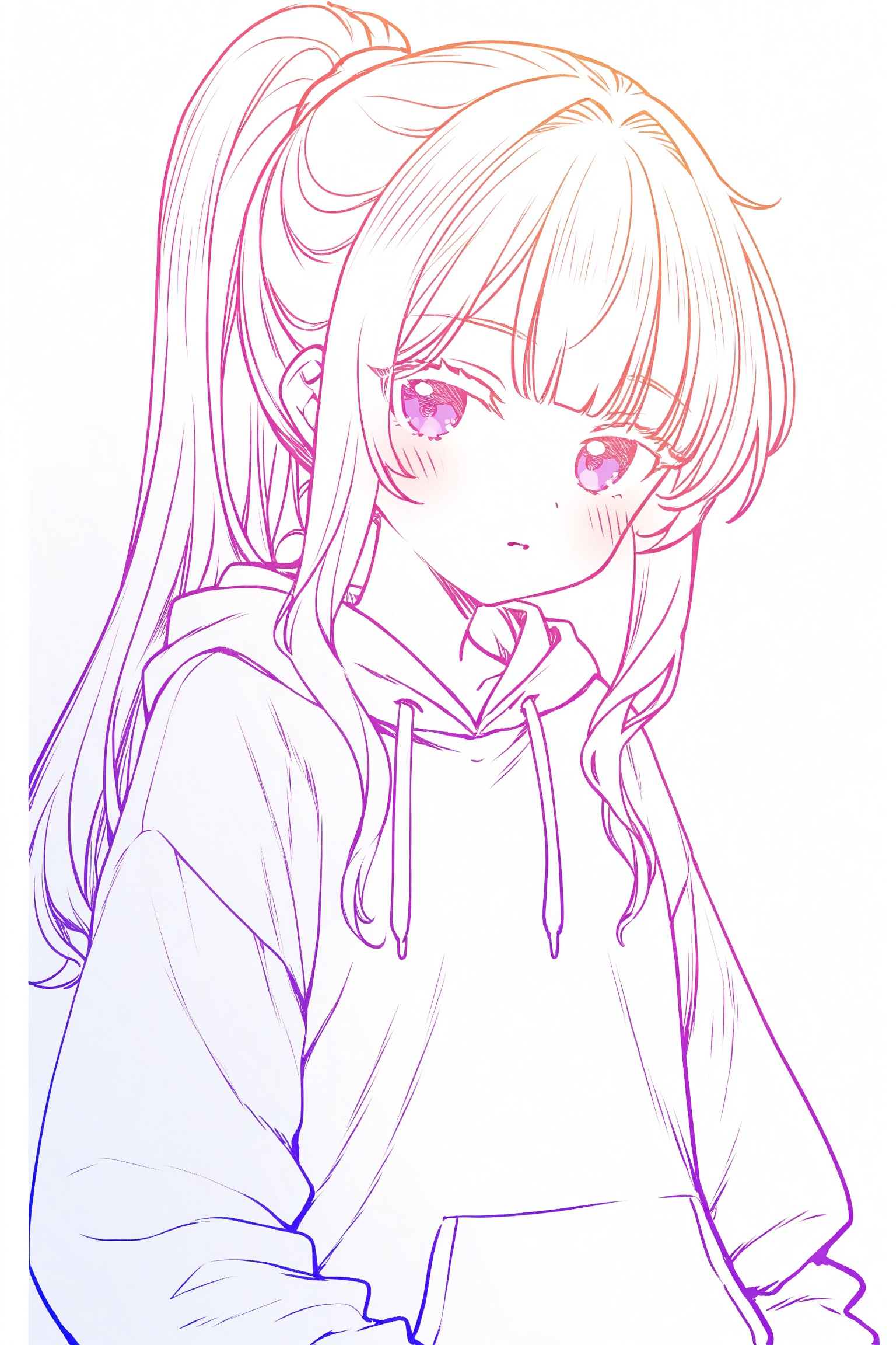 1girl, solo, hood, hoodie, purple eyes, white background, upper body, looking at viewer, long hair, simple background, ponytail, hood down, bangs, sidelocks, pillarboxed, blue hair, drawstring, white hair, closed mouth, white hoodie, blue hoodie, colored eyelashes, blush, long sleeves, hair intakes, eyebrows visible through hair, expressionless, parted lips, hair over shoulder, eyelashes, dot nose, blunt bangs,(colored lineart)