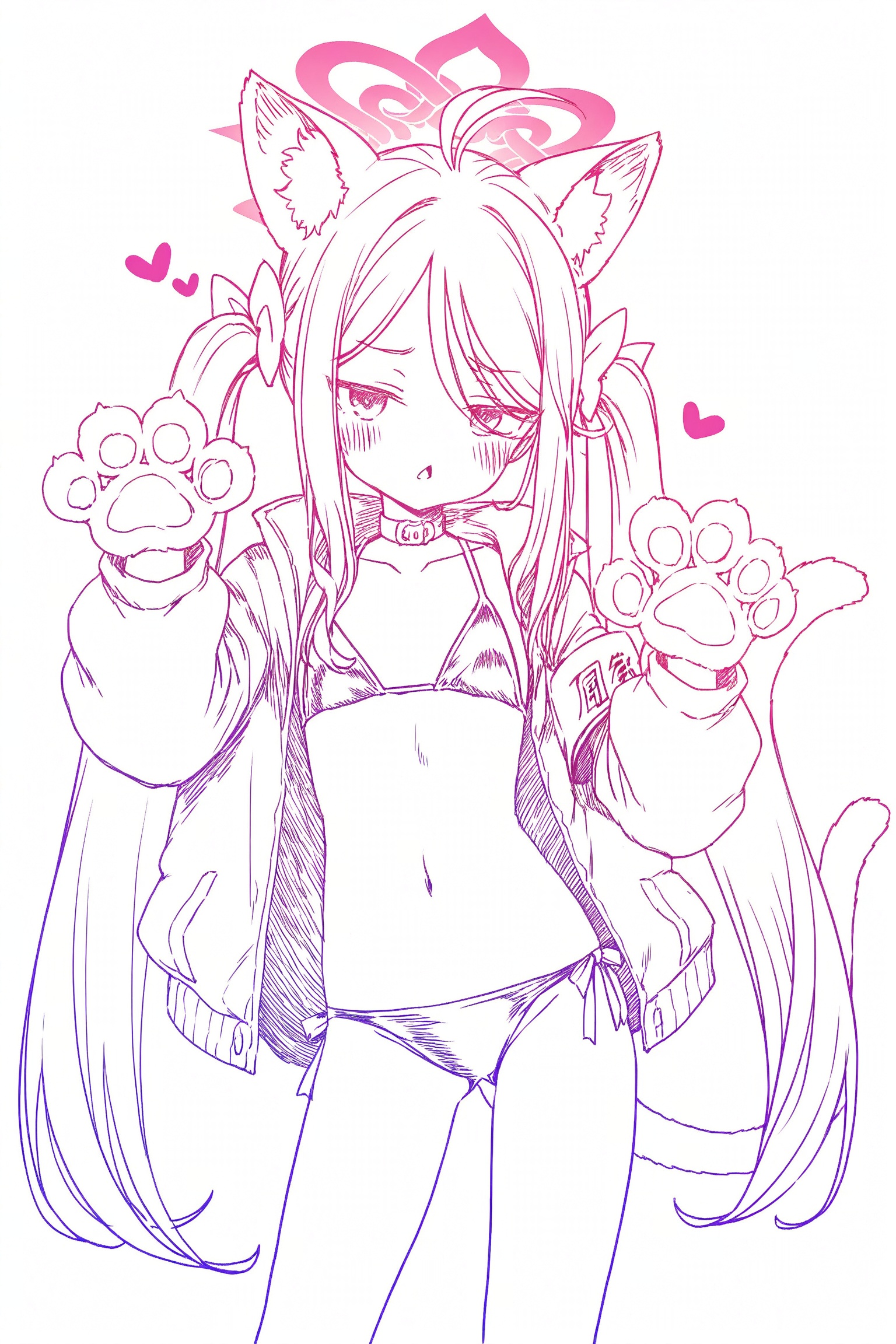 fubuki (blue archive), 1girl, animal ear fluff, animal ears, animal hands, antenna hair, bikini, black bikini, blue hair, blush, bow, cat ears, cat girl, cat paws, cat tail, chestnut mouth, claw pose, furrowed brow, hair bow, halo, heart, jacket, looking at viewer, looking to the side, multiple hair bows, pink eyes, pink halo, swimsuit, tail, white background, white bow, white jacket, absurdres, commentary request, highres, wide shot,(colored lineart)