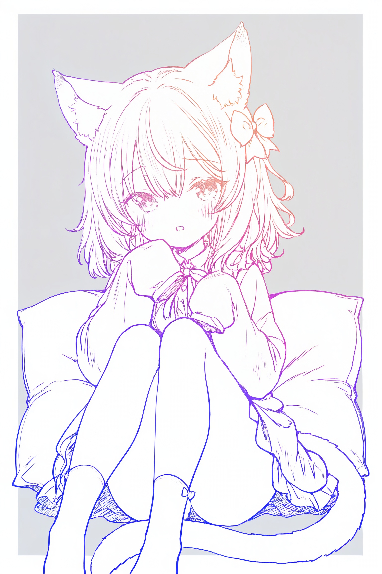 1girl,animal_ear_fluff,animal_ears,blue_bow,blue_dress,blue_eyes,blush,border,bow,cat_ears,cat_girl,cat_tail,cropped_legs,double-parted_bangs,dress,grey_background,hair_between_eyes,hair_bow,knees_up,long_hair,long_sleeves,looking_at_viewer,open_mouth,outside_border,pillow,simple_background,sleeves_past_fingers,sleeves_past_wrists,socks,solo,tail,twitter_username,white_border,white_hair,white_socks,(colored lineart)