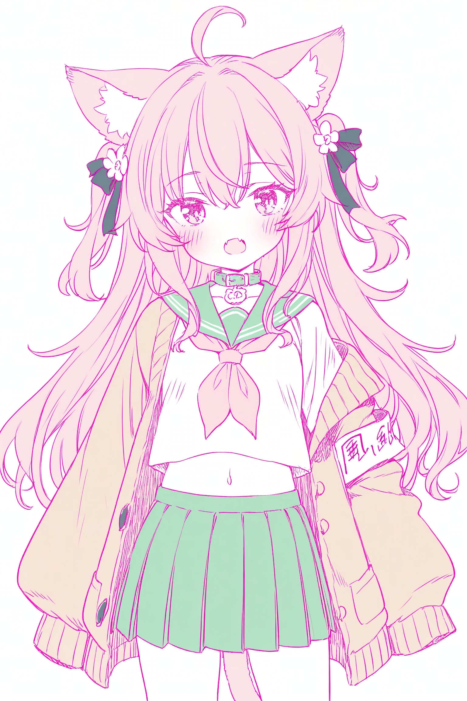 1girl, ahoge, animal ear fluff, animal ears, black ribbon, blouse, blush, brown cardigan, cardigan, cat ears, cat girl, cowboy shot, crop top, fangs, flower, flower pin, green sailor collar, green skirt, hair between eyes, hair flower, hair ornament, hair ribbon, long hair, looking at viewer, midriff, miniskirt, navel, neckerchief, off shoulder, open mouth, pink eyes, pink hair, pink neckerchief, pleated skirt, puffy sleeves, ribbon, sailor collar, school uniform, serafuku, shirt, simple background, single sleeve past fingers, skin fangs, skirt, solo, sparkling eyes, white background, white shirt, wide sleeves, wide shot,(colored lineart)