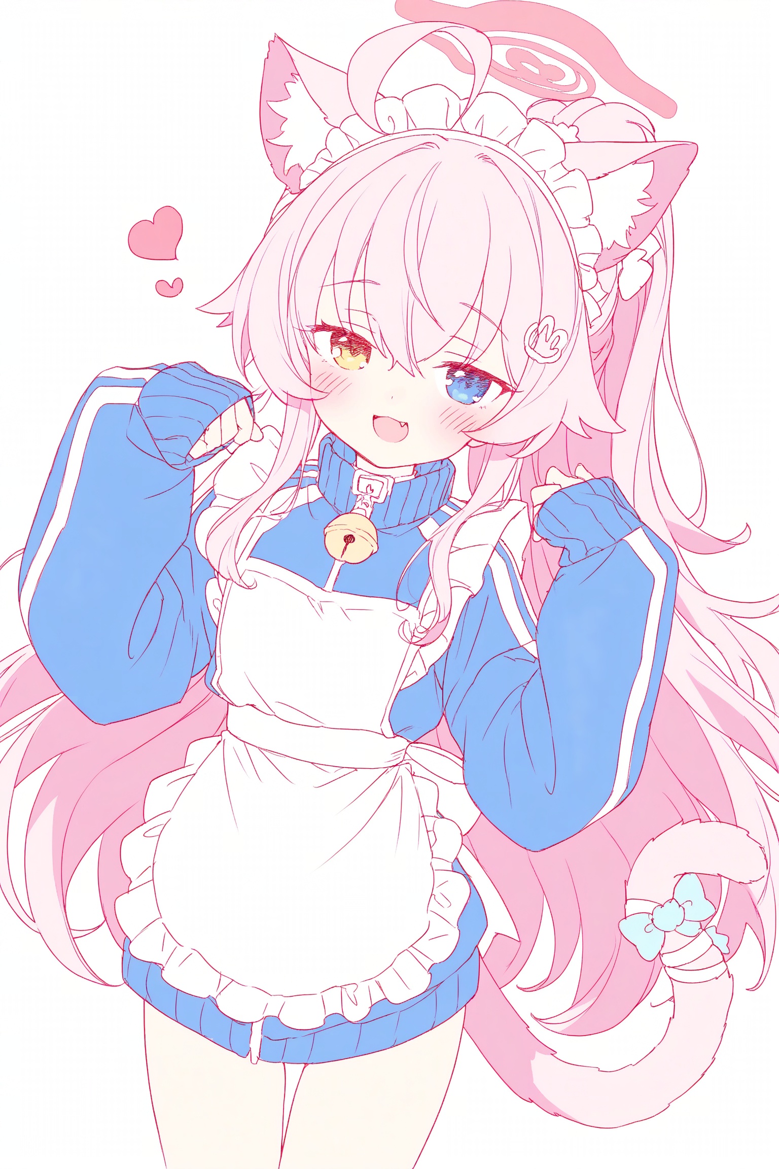 1girl, :d, animal ear fluff, animal ears, apron, bandaged tail, bell, blue bow, blue eyes, blue jacket, blush, bow, cat ears, cat girl, cat tail, cowboy shot, enmaided, hair between eyes, hair ornament, halo, hands up, heart, heart hair ornament, heterochromia, jacket, jersey maid, jingle bell, kemonomimi mode, long hair, long sleeves, looking at viewer, maid, maid headdress, no pants, open mouth, pink hair, pink halo, simple background, sleeves past fingers, sleeves past wrists, smile, solo, tail, tail bow, tail ornament, track jacket, unconventional maid, white apron, white background, x hair ornament, yellow eyes, zipper,(colored lineart)