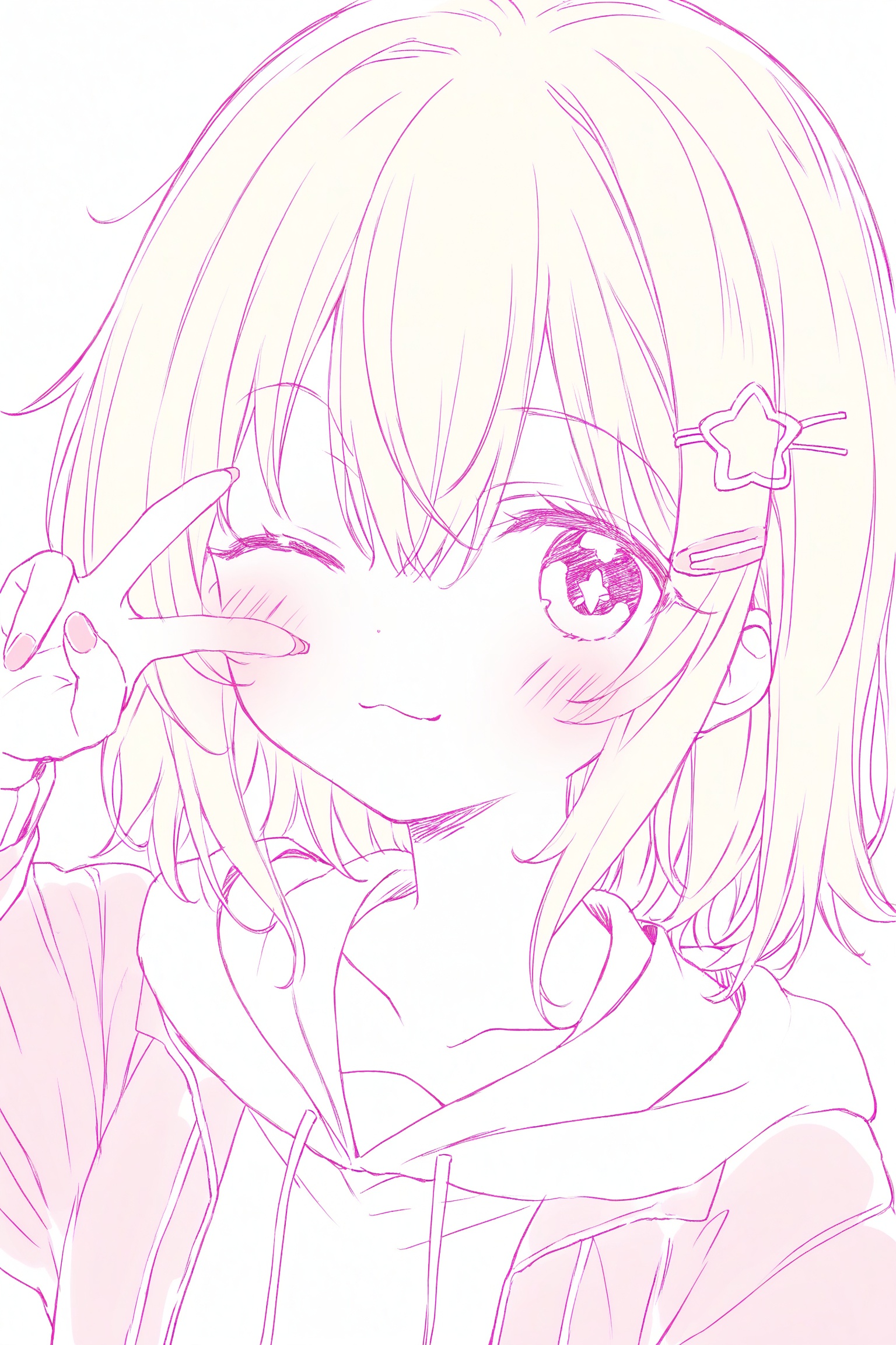 1girl, solo, one eye closed, v, hood, star (symbol), looking at viewer, hoodie, purple eyes, v over eye, long sleeves, smile, blush, hair ornament, closed mouth, hood down, hair between eyes, white hair, simple background, jacket, :3, white background, star hair ornament, hand up, pink nails, blonde hair, white hoodie, upper body, nail polish, pink hoodie, portrait, medium hair, pink eyes, pink jacket, bangs, eyebrows visible through hair, pink background, collarbone, symbol in eye, close-up, pink theme,(colored lineart)