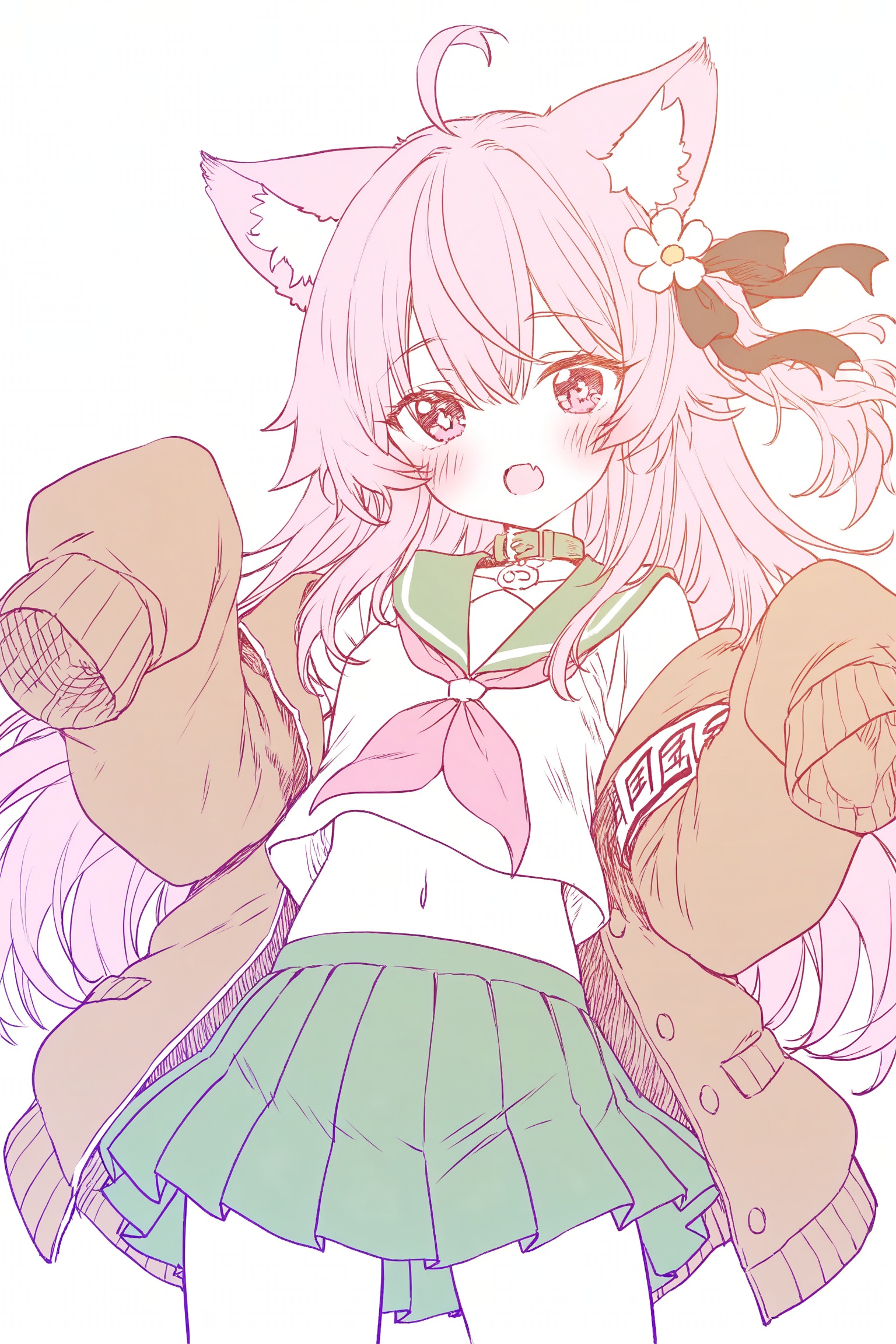 1girl, ahoge, animal ear fluff, animal ears, black ribbon, blouse, blush, brown cardigan, cardigan, cat ears, cat girl, cowboy shot, crop top, fangs, flower, flower pin, green sailor collar, green skirt, hair between eyes, hair flower, hair ornament, hair ribbon, long hair, looking at viewer, midriff, miniskirt, navel, neckerchief, off shoulder, open mouth, pink eyes, pink hair, pink neckerchief, pleated skirt, puffy sleeves, ribbon, sailor collar, school uniform, serafuku, shirt, simple background, single sleeve past fingers, skin fangs, skirt, solo, sparkling eyes, white background, white shirt, wide sleeves, absurdres, commentary request, commission, highres, skeb commission, wide shot,(colored lineart)