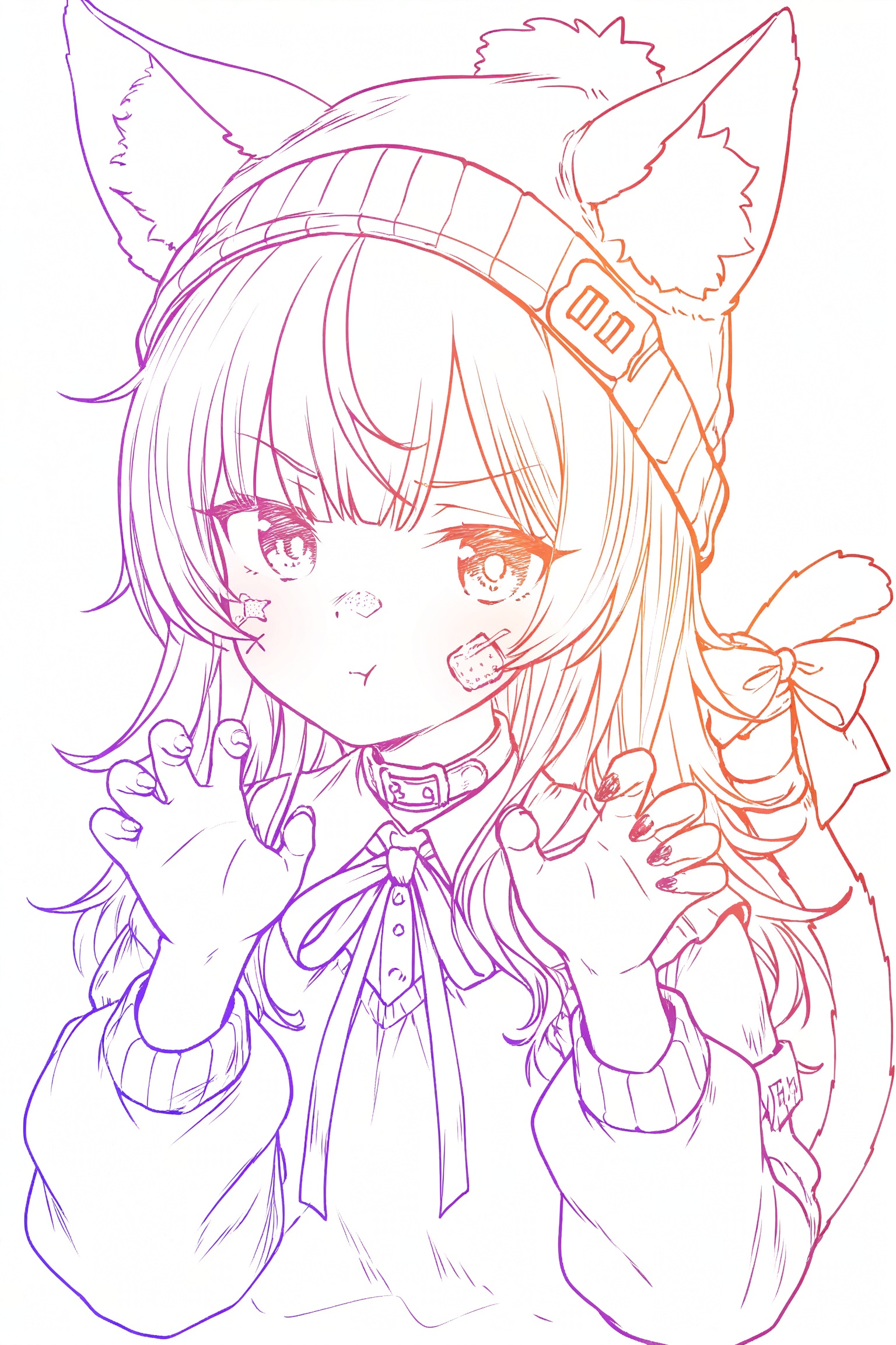 1girl, :t, animal ears, bandaid, bandaid on cheek, bandaid on face, bandaid on nose, beanie, cat ears, cat girl, cat tail, claw pose, hat, long hair, long sleeves, looking at viewer, multicolored nails, nail polish, portrait, ribbon, simple background, tail, tail ornament, tail ribbon, white hair, white hat,(colored lineart)