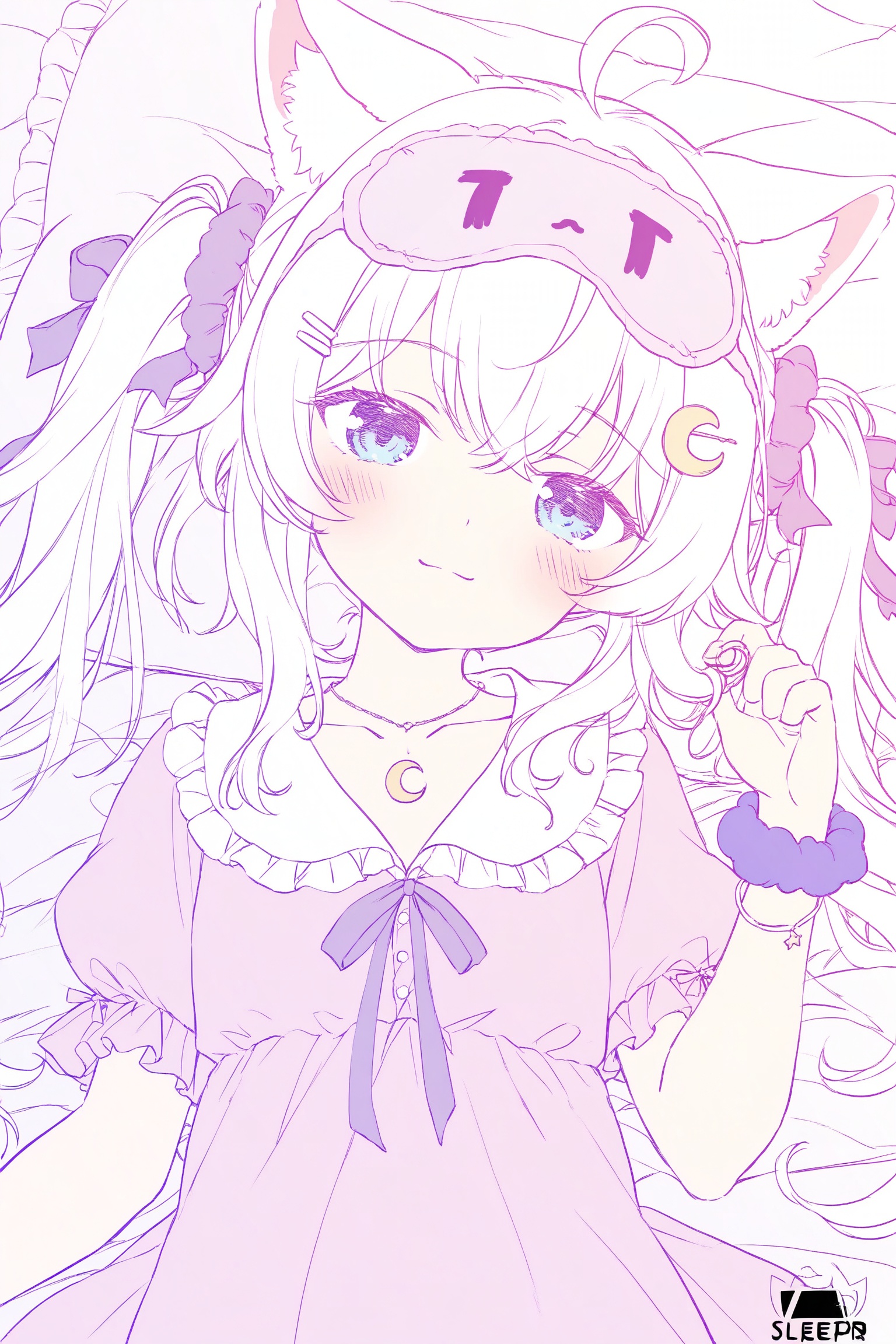 1girl, ahoge, animal ear fluff, animal ears, artist logo, babydoll, blue eyes, cat ears, cat girl, cat hair ornament, closed mouth, collarbone, crescent, crescent hair ornament, crescent necklace, crossed bangs, dress, dutch angle, frilled babydoll, frilled sleeves, frills, hair ornament, hair ribbon, hairclip, head tilt, jewelry, light blush, logo, long hair, looking at viewer, necklace, nightgown, pajamas, pastel colors, pillow, pink babydoll, pink dress, pink nightgown, puffy short sleeves, puffy sleeves, purple ribbon, purple scrunchie, ribbon, scrunchie, short sleeves, sleep mask, smile, solo, sparkle, sparkling aura, star \(symbol\), star hair ornament, threads username, twintails, twirling hair, upper body, virtual youtuber, watermark, white hair, wrist scrunchie,colored lineart,
