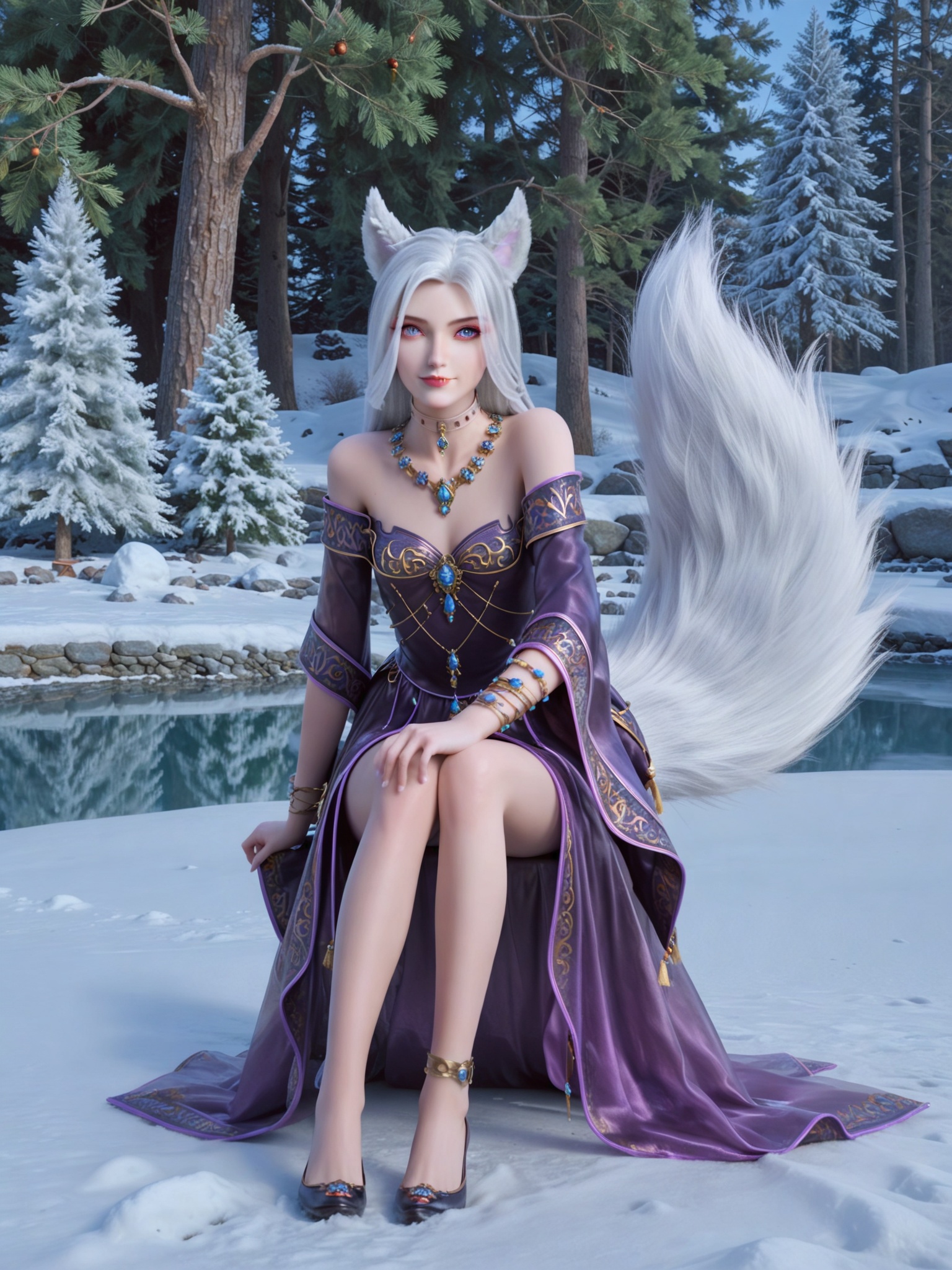 score_9,score_8_up,score_7_up,masterpiece,(best quality),(intricate details:0.9) BREAK (intricate details:0.9),(realistic skin:1.2),masterpiece,best quality,newest,absurdres,hiahres,1girl,jewelry,hair ornament,dress,necklace,lips,eyeshadow,bracelet,tassel,(8k ultra-clear, pony style),photo pose 0.6, micro-expression: soft smile 0.3, half-body + medium shot 0.7,1girl,looking_at_viewer,1boy,hair,realistic,photorealistic,Vivid Colors,bright environment,shiny skin,shiny hairjewelry,detail eyes,Eyes highlights,glowing,sunshine,bright,reflection,bright,sunshine on face,shiny,shinny,petite,thin,leg slimming,lose weight,slim hips,lakeside,delicate water,reflection,(full body:1.2)sitting_down,eyelashes,snow,Winter,Snowy landscape,Snow accumulation,Christmas tree,white-hair,fox ears,fox tail,