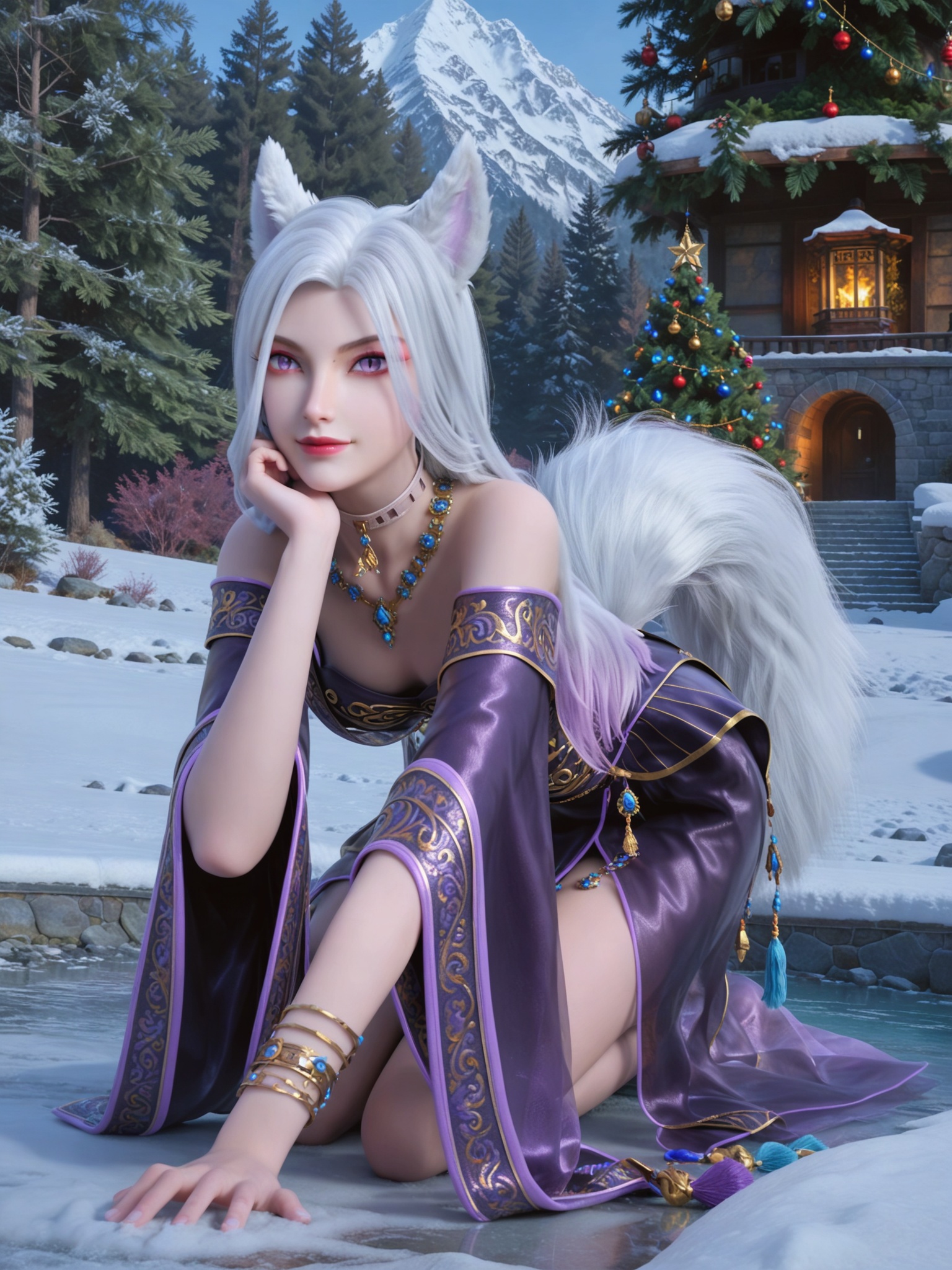 score_9,score_8_up,score_7_up,masterpiece,(best quality),(intricate details:0.9) BREAK (intricate details:0.9),(realistic skin:1.2),masterpiece,best quality,newest,absurdres,hiahres,1girl,jewelry,hair ornament,dress,necklace,lips,eyeshadow,bracelet,tassel,(8k ultra-clear, pony style),photo pose 0.6, micro-expression: soft smile 0.3, half-body + medium shot 0.7,1girl,looking_at_viewer,1boy,hair,realistic,photorealistic,Vivid Colors,bright environment,shiny skin,shiny hairjewelry,detail eyes,Eyes highlights,glowing,sunshine,bright,reflection,bright,sunshine on face,shiny,shinny,petite,thin,leg slimming,lose weight,slim hips,lakeside,delicate water,reflection,(full body:1.2)sitting_down,eyelashes,snow,Winter,Snowy landscape,Snow accumulation,Christmas tree,white-hair,fox ears,fox tail,purple_eyes,huge_breast,