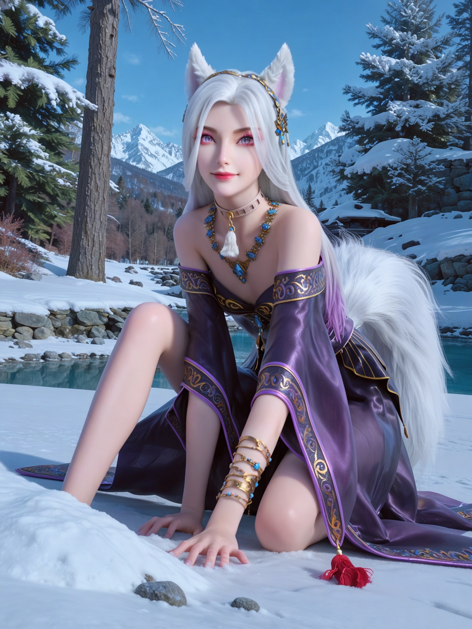 score_9,score_8_up,score_7_up,masterpiece,(best quality),(intricate details:0.9) BREAK (intricate details:0.9),(realistic skin:1.2),masterpiece,best quality,newest,absurdres,hiahres,1girl,jewelry,hair ornament,dress,necklace,lips,eyeshadow,bracelet,tassel,(8k ultra-clear, pony style),photo pose 0.6, micro-expression: soft smile 0.3, half-body + medium shot 0.7,1girl,looking_at_viewer,1boy,hair,realistic,photorealistic,Vivid Colors,bright environment,shiny skin,shiny hairjewelry,detail eyes,Eyes highlights,glowing,sunshine,bright,reflection,bright,sunshine on face,shiny,shinny,petite,thin,leg slimming,lose weight,slim hips,lakeside,delicate water,reflection,(full body:1.2)sitting_down,eyelashes,snow,Winter,Snowy landscape,Snow accumulation,Christmas tree,white-hair,fox aers,fox tail,