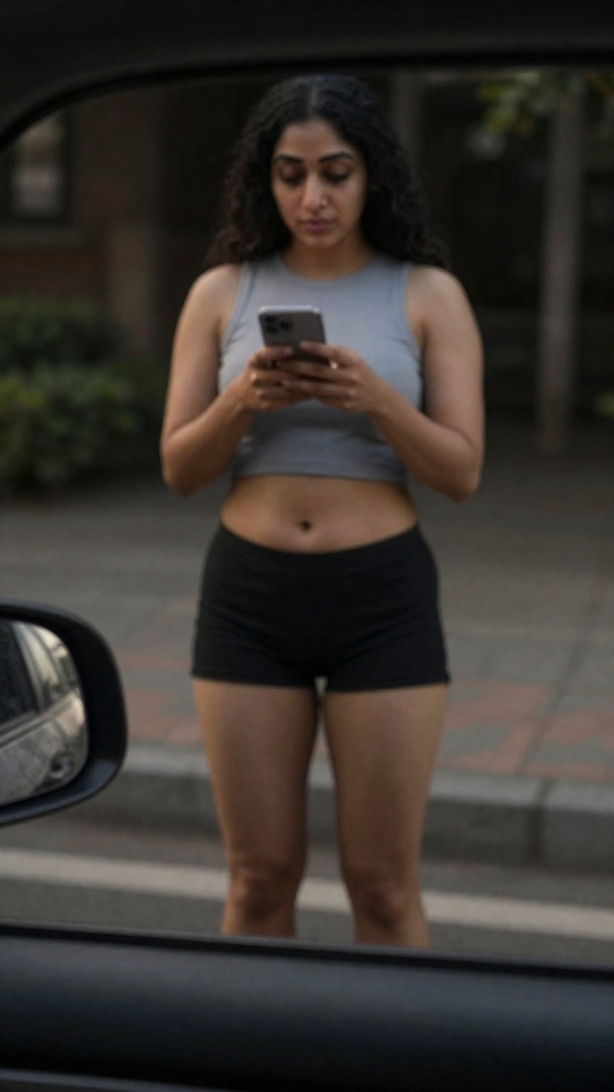 Very low-quality distant sneaky long shot candid smartphone photo taken secretly while she didn't know,  from far away fro...