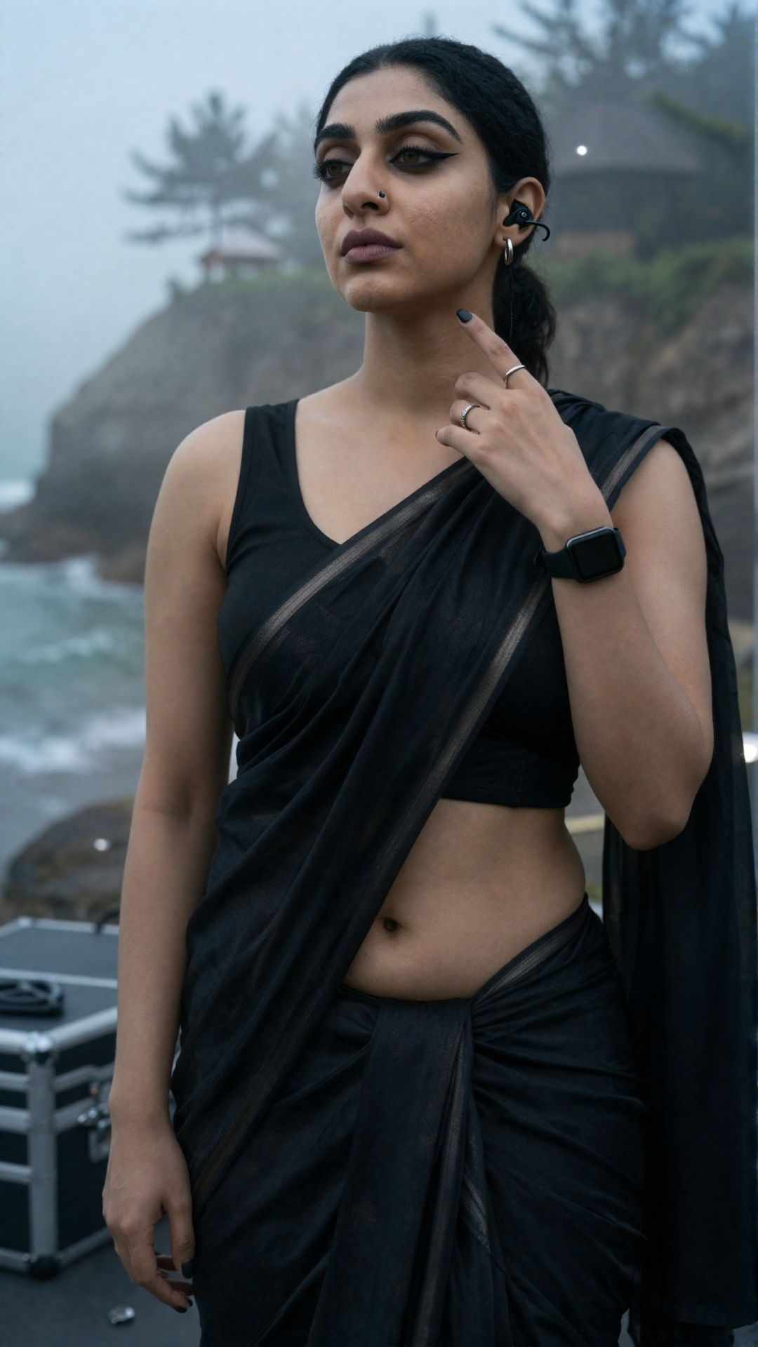high-fashion editorial photoshoot portrait of a stunning South Asian woman (Anu,  32) in a cyberpunk-minimal tactical aest...