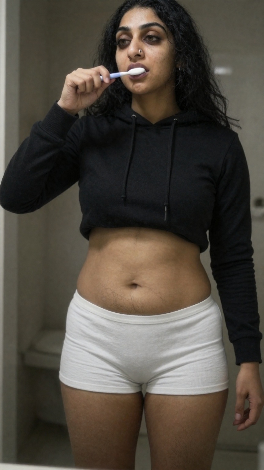 Very low-quality candid live smartphone photo taken while she didn't know,  in low light,  of a 32-year-old South Asian wo...