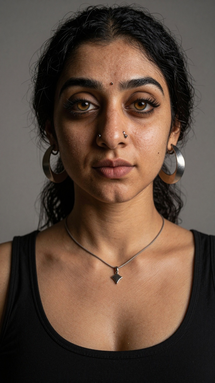 Create an image of Anu in a half-body shot,  with a realistic portrait focusing on her face. Include detailed skin texture...