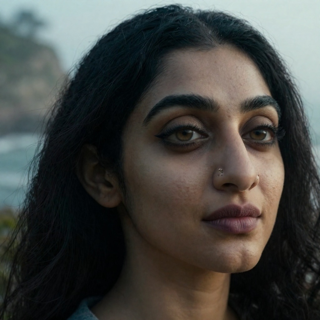 high-fashion cinematic close-up portrait of a stunning South Asian woman (Anu,  32) with fair skin,  framed tightly from s...