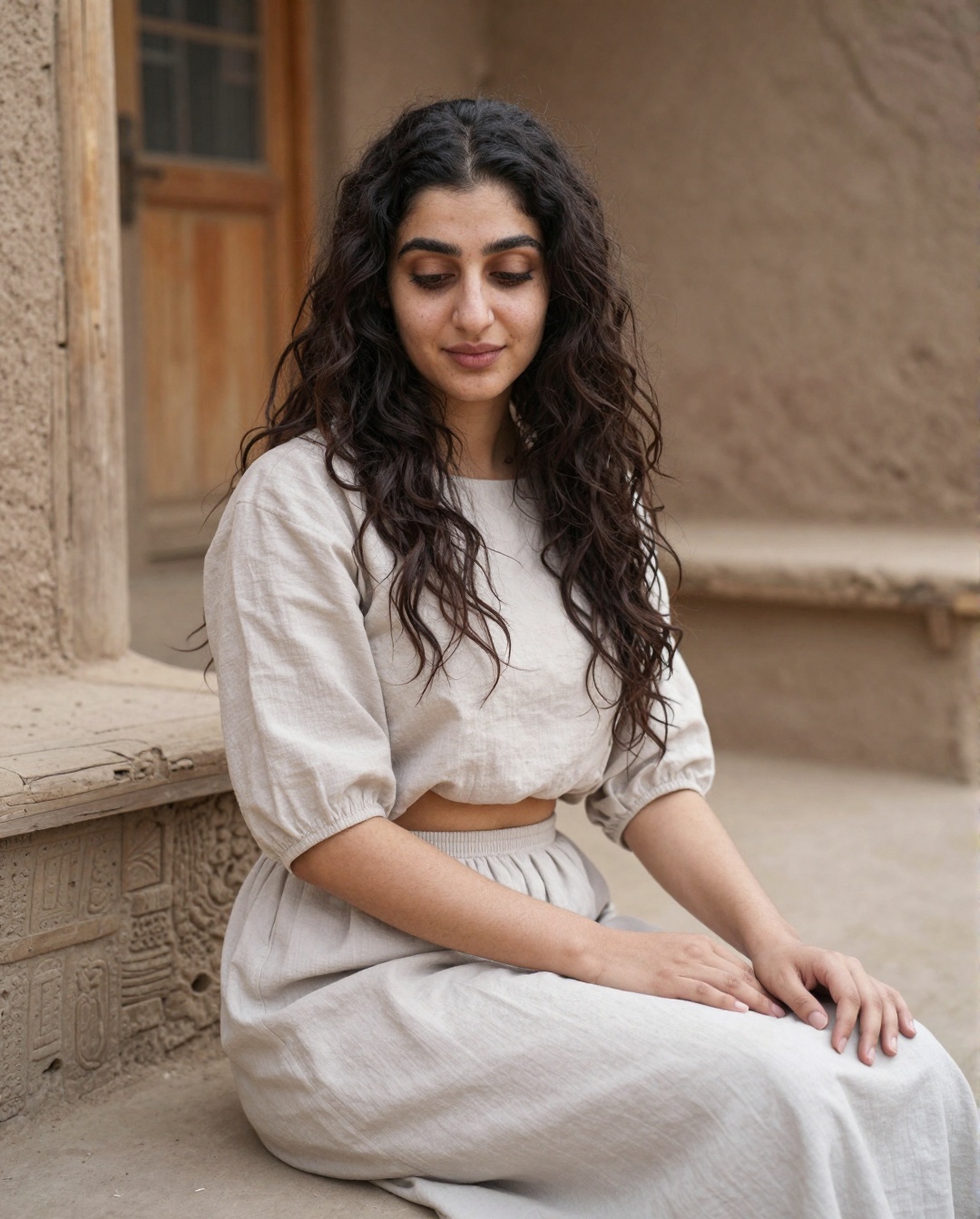 A young Iranian woman sitting in a rustic village courtyard,  wearing a minimal soft fabric outfit with a cropped blouse a...