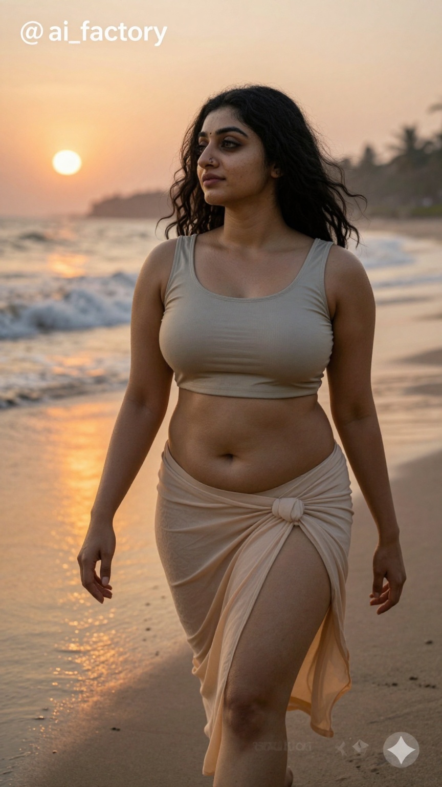 Photograph of a single South Asian woman in her late twenties to early thirties with a curvy hourglass figure and pale smo...