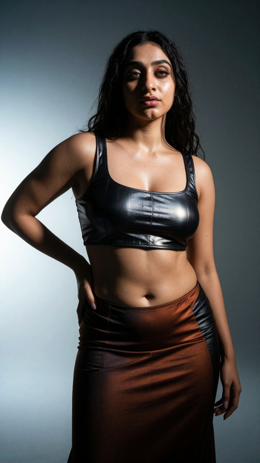 Photograph of a single modern pale skin woman in her early thirties with a curvy,  sculpted figure,  styled in a high-fash...