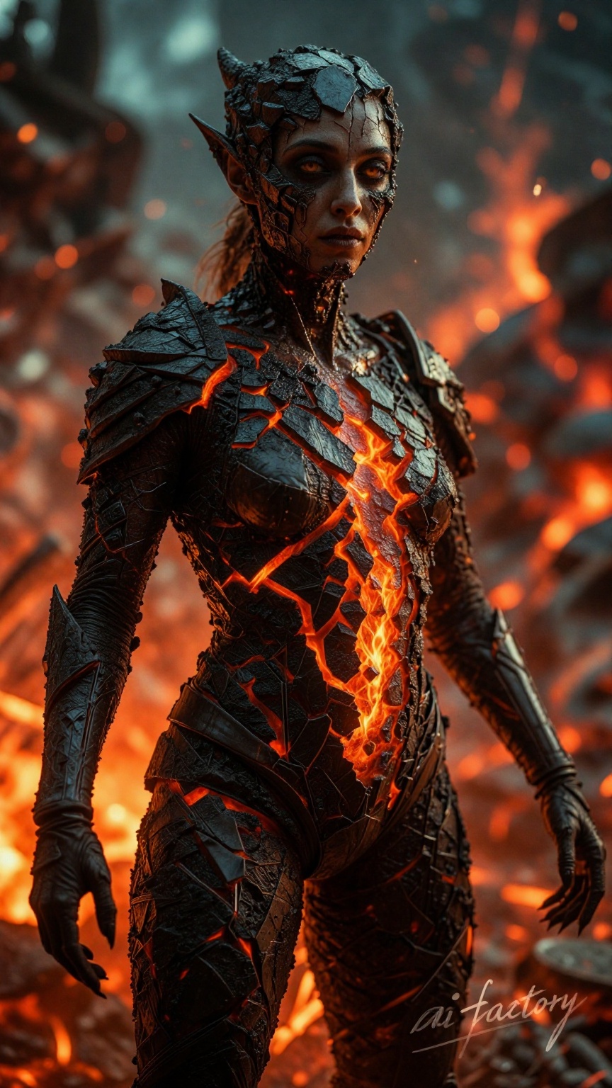 Photograph of a single female demon creature with molten lava-like skin. Her body appears cracked open,  with glowing magm...