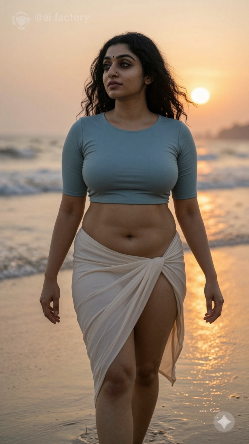 Photograph of a single South Asian woman in her late twenties to early thirties with a curvy hourglass figure and pale smo...
