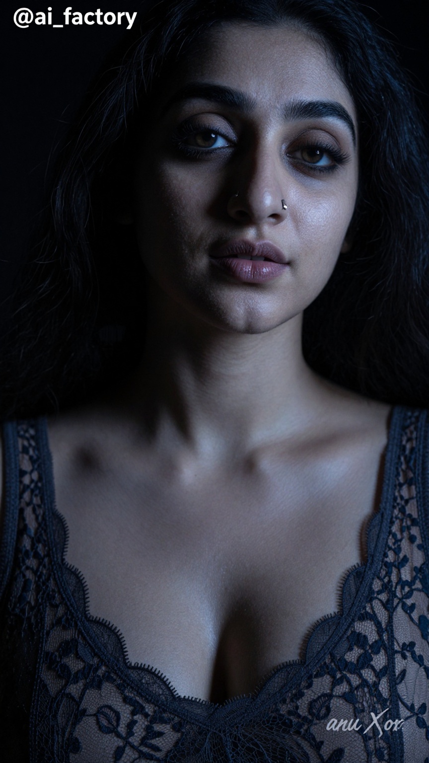 Photograph of a single South Asian woman in her late twenties to early thirties with a curvy,  slightly plump hourglass fi...