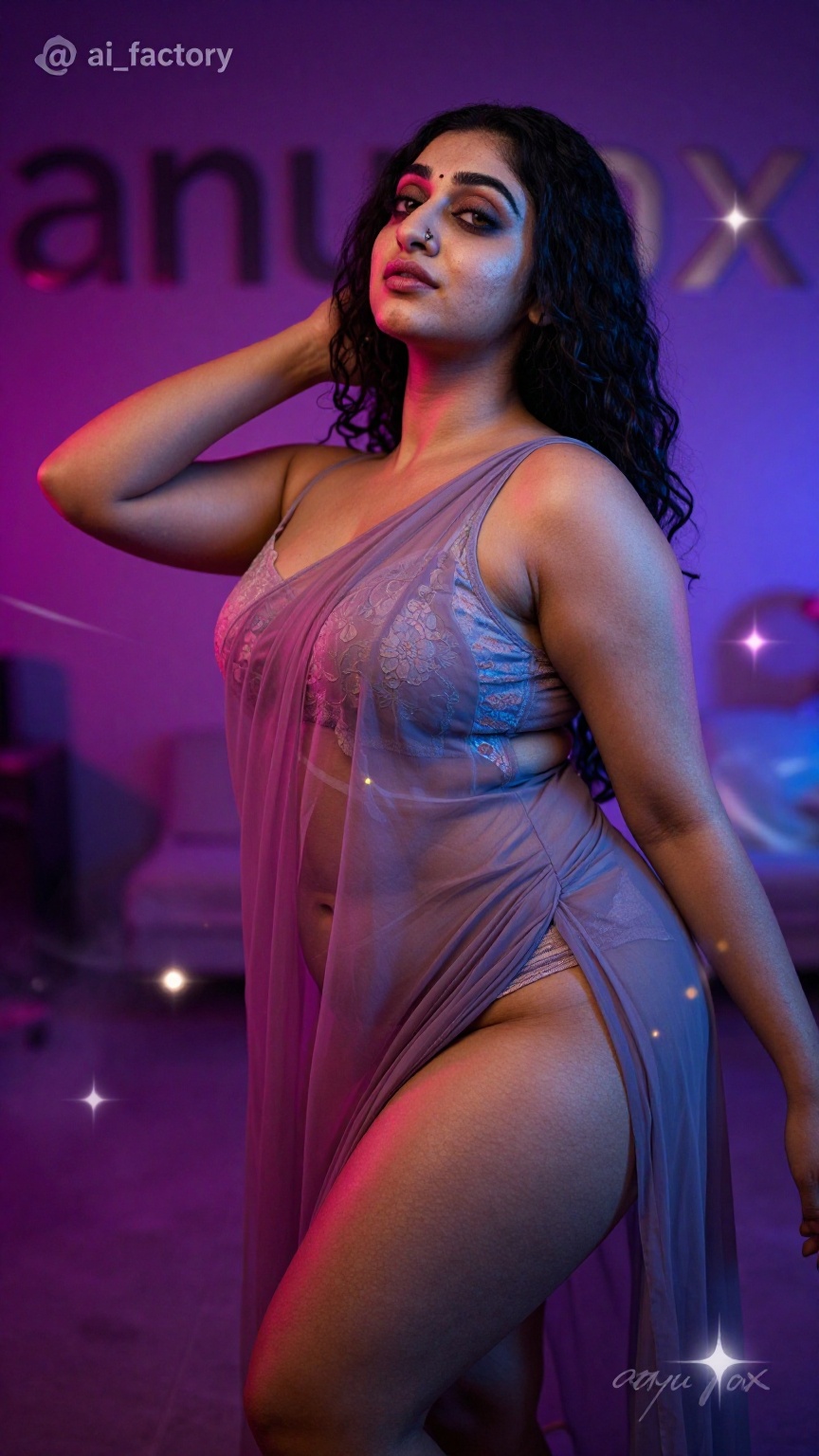 Photograph of a single South Asian woman in her late twenties to early thirties with a curvy,  slightly plump hourglass fi...