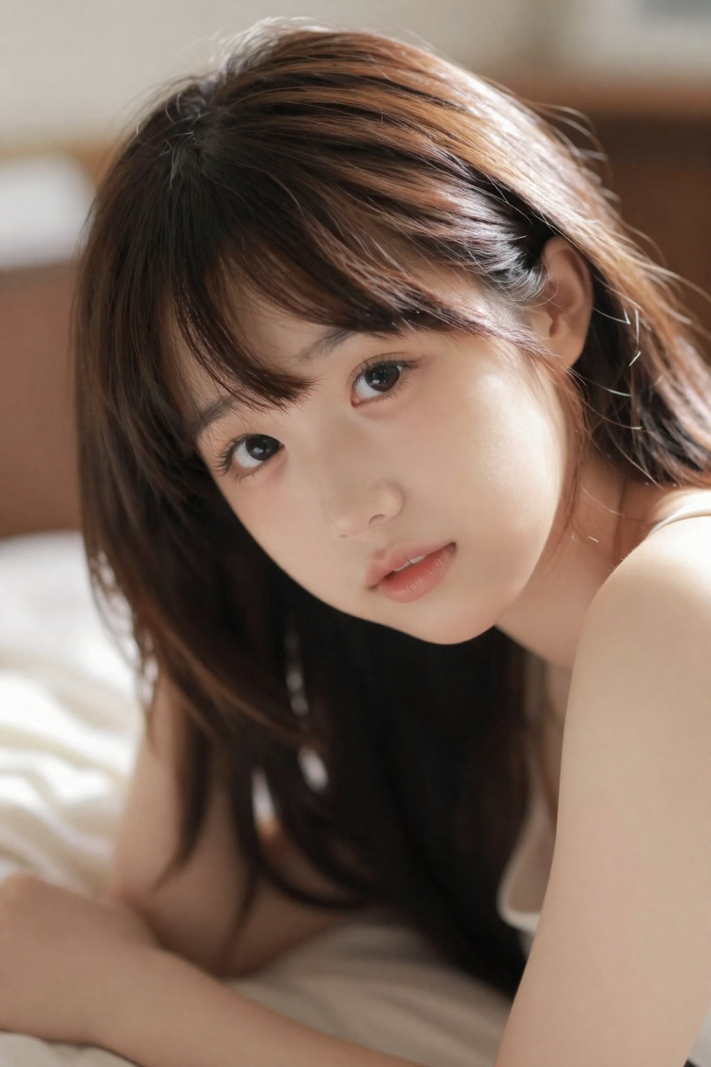 高真实度人像摄影,日系写真风格,85mm镜头,大光圈,浅景深,主体清晰锐利,背景柔和虚化,空间层次明显,真实光学表现,电影级光影,侧逆光,发丝边缘光,柔和自然光过渡
年轻少女,半身特写,面部为视觉中心,人物占画面70%以上,靠近镜头,轻微前倾
白皙通透皮肤,细腻真实肌理,自然光泽,无塑料感,五官精致,眼睛大且清澈,微微上挑,长睫毛,神情温柔或略带羞涩
发丝柔顺细腻,细节清晰
画面干净通透,高级感,日系氛围,治愈感,色彩鲜艳。

躺在被窝中,只露出脸和部分肩膀
靠近镜头特写
柔软被子材质
暖光环境
表情轻微害羞或慵懒
氛围：亲密、治愈、点击率高