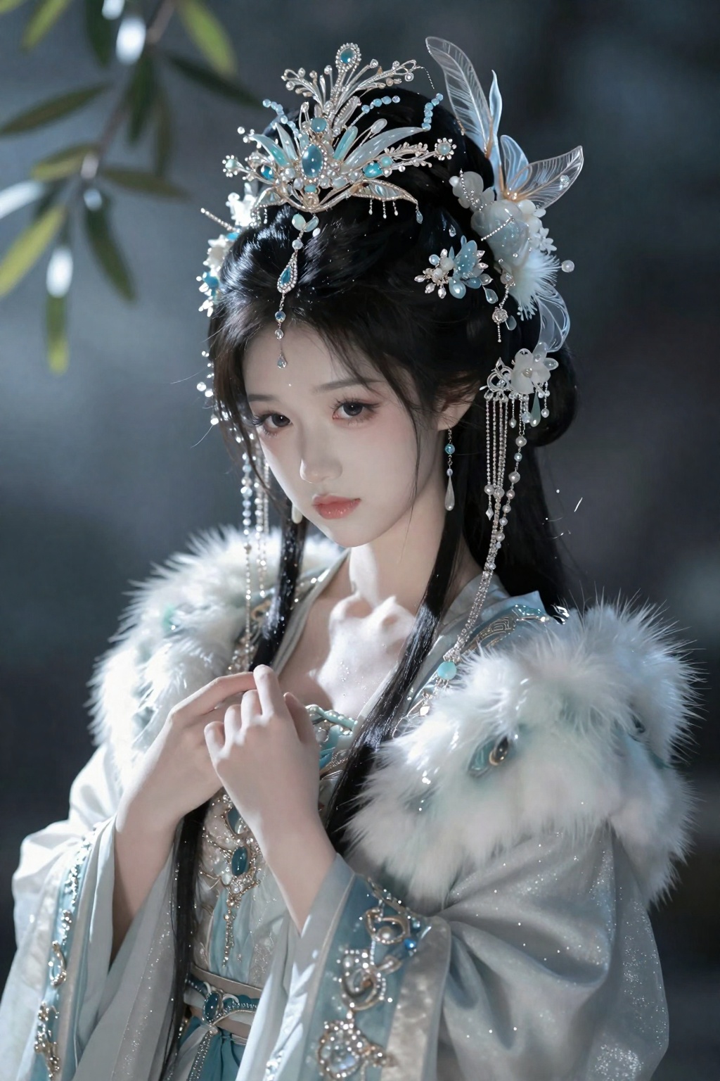 主体与风格：
一幅国风重彩风格的古风插画作品,融合古风游戏CG与写意美学,整体呈现高级感与艺术氛围,笔触细腻厚涂,画面具有电影级光影表现与镜面般清晰质感。

人物设定：
画面主体为一位唐朝风格的古代少女,全身入镜,身姿优雅且富有张力。她气质介于妖冶与羞涩之间,温柔而高贵,容貌精致,具有东方古典美。

面部与细节：
她拥有白皙冷白皮,皮肤细腻通透、水润光滑。五官精致,眼睛狭长且眼尾微微上挑,长睫毛,神情含蓄柔和,带有淡淡情绪氛围。

发型与头饰（重点强化）：
黑色长发自然披散,搭配极其华丽繁复的凤冠。凤冠结构层层叠叠,由珠宝、琉璃珠花、钻石、羽毛等精致装饰构成,大量垂坠流苏自然下落,细节复杂精密,整体呈现出极致奢华与高贵感。

服装设定：
身穿华贵古装与裘皮大衣,材质厚重且具有质感,服饰层次丰富,与整体风格统一。

光影与环境：
光影刻画细致,采用冷色调为主。光线透过枝叶洒落,在人物身上形成斑驳光影,强化主体表现。整体光影层次分明,具有“光的美学”与朦胧美。

构图与镜头语言：
高级构图,全身特写视角,强调人物比例与空间透视感。镜头具有电影感与轻微lomo风格,带有胶片颗粒质感。

画面氛围：
整体氛围唯美、安静、富有情绪张力,具有强烈既视感与沉浸感,展现东方古典审美中的“国色天香”。

画质与细节：
超高清画质,细节极其丰富,层次清晰,所有材质（皮肤、珠宝、布料）均表现出高精度渲染效果。