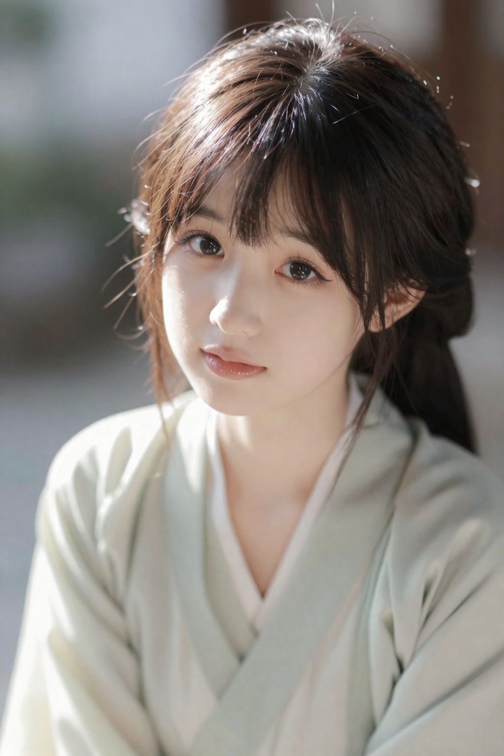 高真实度人像摄影,日系写真风格,85mm镜头,大光圈,浅景深,主体清晰锐利,背景柔和虚化,空间层次明显,真实光学表现,电影级光影,侧逆光,发丝边缘光,柔和自然光过渡
年轻少女,半身特写,面部为视觉中心,人物占画面70%以上,靠近镜头,轻微前倾
白皙通透皮肤,细腻真实肌理,自然光泽,无塑料感,五官精致,眼睛大且清澈,微微上挑,长睫毛,神情温柔或略带羞涩
发丝柔顺细腻,细节清晰
画面干净通透,高级感,日系氛围,治愈感,色彩鲜艳。
简化明制汉服（浅色对襟）

半身特写
室内或庭院
自然光
轻微微笑或互动动作
氛围：温柔、生活感、亲和