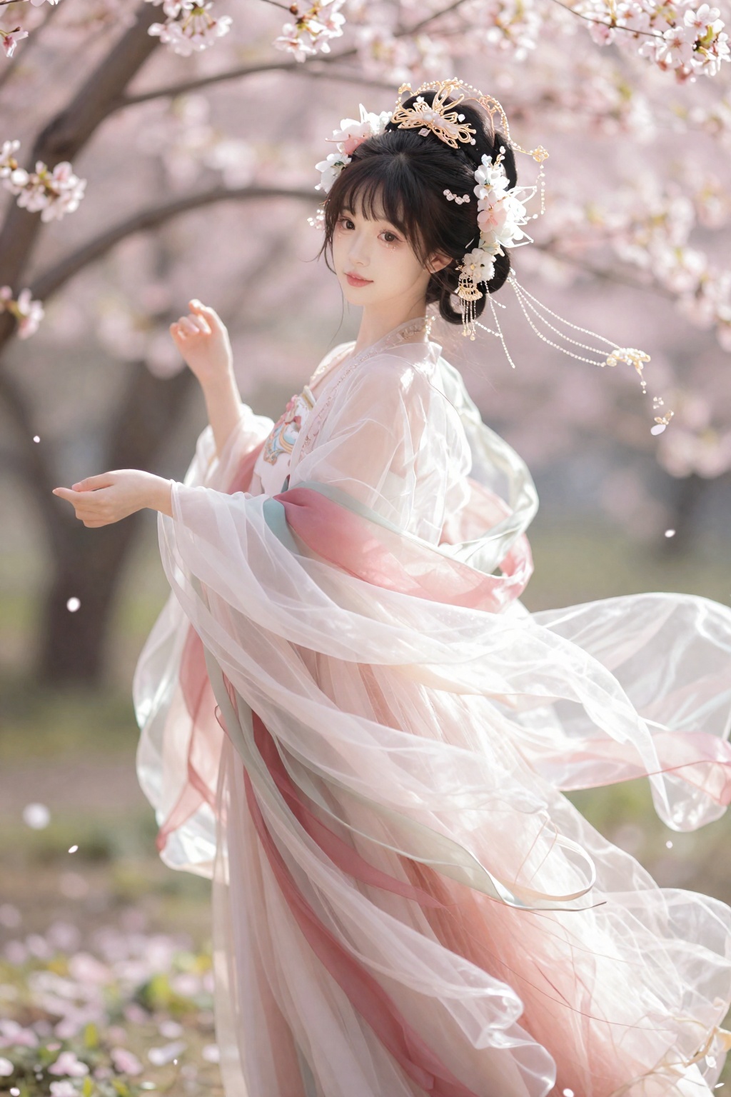 主体与风格：
高饱和国风重彩插画,融合梦幻写意与真实光影。

人物设定：
古风少女置身花海,全身构图,动态轻盈。

面部与细节：
白皙细腻肌肤,带柔光效果,神情温柔。

发型与头饰：
花卉与珠宝结合的凤冠,色彩偏粉与金,流苏轻盈。

服装设定：
轻纱长裙,多层半透明结构,随风飘动。

光影与环境：
逆光环境,花瓣形成前景与背景虚化层。

构图与镜头语言：
动态构图,裙摆与花海形成流动线条。

画面氛围：
浪漫、梦幻、少女感极强。