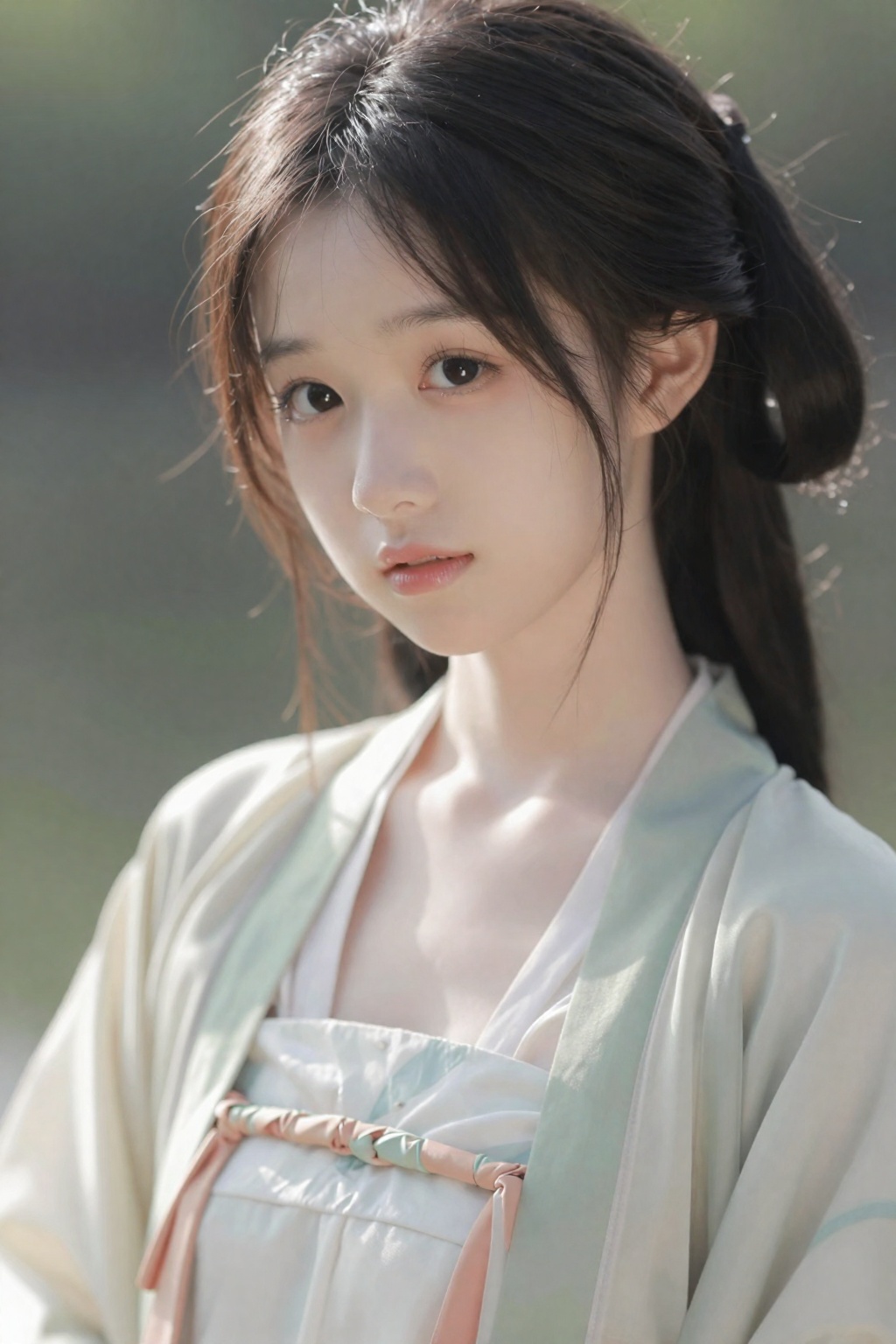 高真实度人像摄影,日系写真风格,85mm镜头,大光圈,浅景深,主体清晰锐利,背景柔和虚化,空间层次明显,真实光学表现,电影级光影,侧逆光,发丝边缘光,柔和自然光过渡
年轻少女,半身特写,面部为视觉中心,人物占画面70%以上,靠近镜头,轻微前倾
白皙通透皮肤,细腻真实肌理,自然光泽,无塑料感,五官精致,眼睛大且清澈,微微上挑,长睫毛,神情温柔或略带羞涩
发丝柔顺细腻,细节清晰
画面干净通透,高级感,日系氛围,治愈感,色彩鲜艳。
宋代褙子外搭襦裙,层次简洁
色彩清淡（青绿、米白、淡粉）

发型简洁低髻或自然垂发
半身特写,轻微歪头
自然光
氛围：清新、文静、书香气