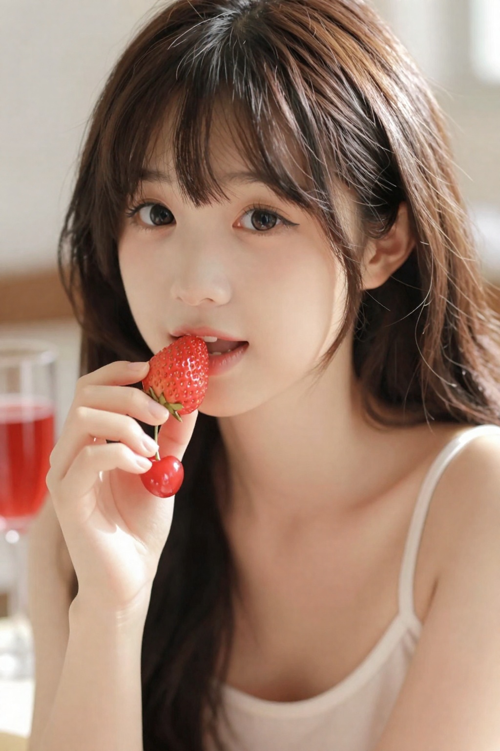 高真实度人像摄影,日系写真风格,85mm镜头,大光圈,浅景深,主体清晰锐利,背景柔和虚化,空间层次明显,真实光学表现,电影级光影,侧逆光,发丝边缘光,柔和自然光过渡
年轻少女,半身特写,面部为视觉中心,人物占画面70%以上,靠近镜头,轻微前倾
白皙通透皮肤,细腻真实肌理,自然光泽,无塑料感,五官精致,眼睛大且清澈,微微上挑,长睫毛,神情温柔或略带羞涩
发丝柔顺细腻,细节清晰
画面干净通透,高级感,日系氛围,治愈感,色彩鲜艳。

手拿草莓/樱桃/果汁杯,靠近嘴边
面部特写或半身
表情轻微张嘴或微笑
浅色服装或小吊带
背景柔和虚化
氛围：清新、轻微性感、视觉吸引强
