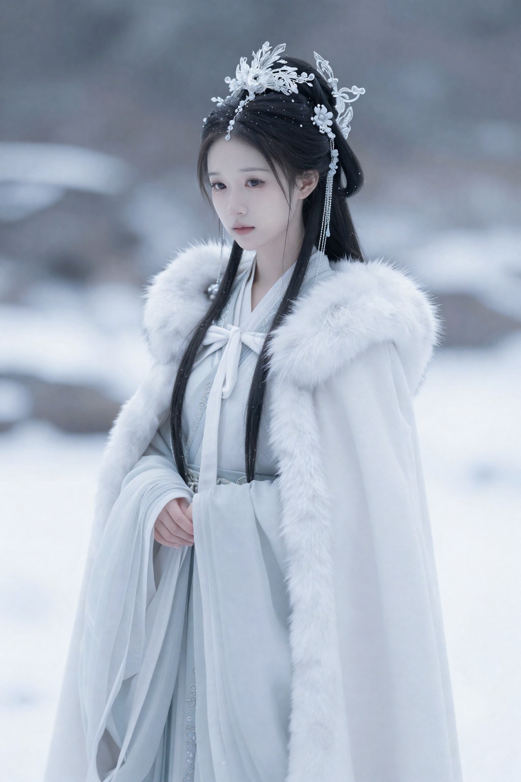 主体与风格：
国风重彩结合写实光影,整体偏冷色调,画面清透且具有空气感。

人物设定：
古代少女立于雪中,全身构图,姿态安静优雅。

面部与细节：
冷白皮,皮肤细腻通透,微微泛冷光。眼神柔和但疏离。

发型与头饰：
黑色长发自然披散,搭配银白色凤冠与冰晶质感珠饰,流苏细长透明。

服装设定：
浅色古装长裙,外披厚重狐裘披风,毛发细节清晰真实。

光影与环境：
雪地反射冷光,整体柔和漫反射,人物边缘形成淡淡轮廓光。

构图与镜头语言：
全身构图,人物居中,背景虚化为雪景层次。

画面氛围：
清冷、孤寂、诗意极强。