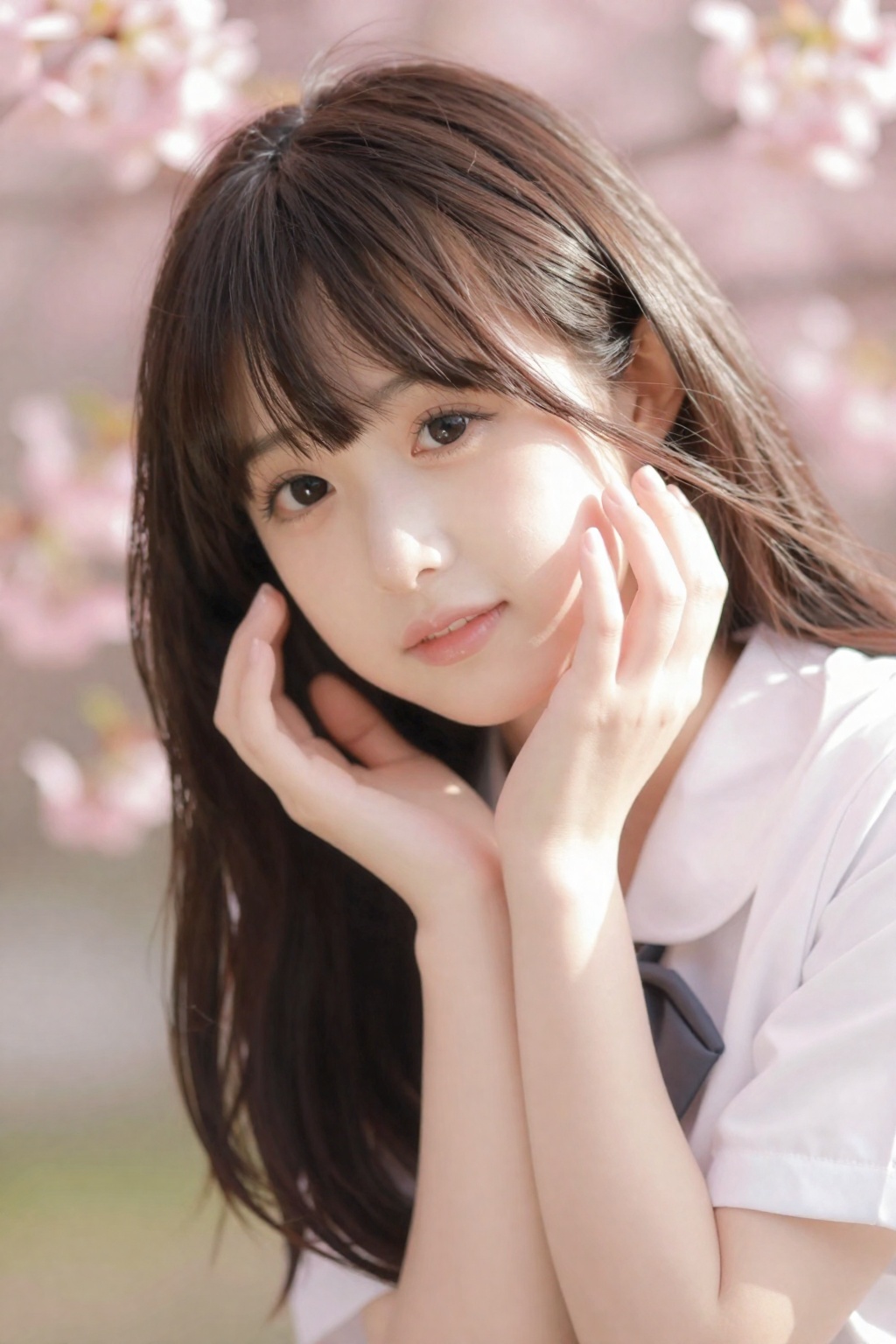 高真实度人像摄影,日系写真风格,85mm镜头,大光圈,浅景深,主体清晰锐利,背景柔和虚化,空间层次明显,真实光学表现,电影级光影,侧逆光,发丝边缘光,柔和自然光过渡
年轻少女,半身特写,面部为视觉中心,人物占画面70%以上,靠近镜头,轻微前倾
白皙通透皮肤,细腻真实肌理,自然光泽,无塑料感,五官精致,眼睛大且清澈,微微上挑,长睫毛,神情温柔或略带羞涩
发丝柔顺细腻,细节清晰
画面干净通透,高级感,日系氛围,治愈感,轻微胶片颗粒
日系校服或浅色连衣裙
樱花树下,粉色背景虚化
人物半身特写,手比心或轻触脸
光线柔和偏暖,逆光边缘光明显
氛围：甜美、恋爱感、少女感强