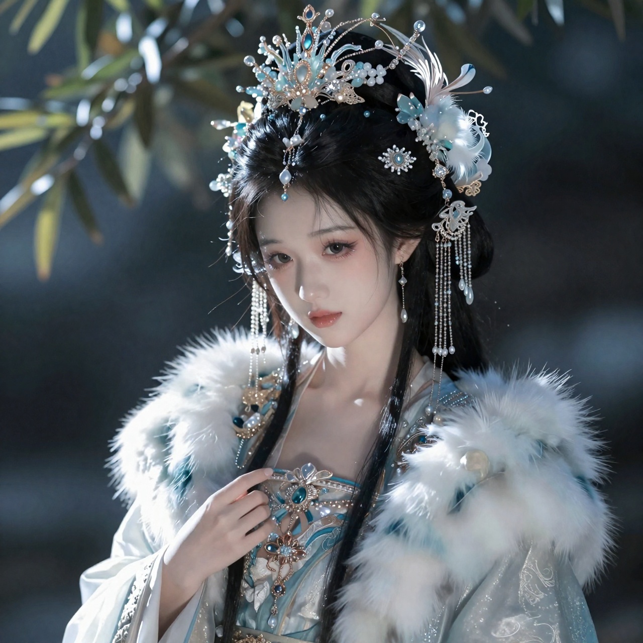 主体与风格：
一幅国风重彩风格的古风插画作品,融合古风游戏CG与写意美学,整体呈现高级感与艺术氛围,笔触细腻厚涂,画面具有电影级光影表现与镜面般清晰质感。

人物设定：
画面主体为一位唐朝风格的古代少女,全身入镜,身姿优雅且富有张力。她气质介于妖冶与羞涩之间,温柔而高贵,容貌精致,具有东方古典美。

面部与细节：
她拥有白皙冷白皮,皮肤细腻通透、水润光滑。五官精致,眼睛狭长且眼尾微微上挑,长睫毛,神情含蓄柔和,带有淡淡情绪氛围。

发型与头饰（重点强化）：
黑色长发自然披散,搭配极其华丽繁复的凤冠。凤冠结构层层叠叠,由珠宝、琉璃珠花、钻石、羽毛等精致装饰构成,大量垂坠流苏自然下落,细节复杂精密,整体呈现出极致奢华与高贵感。

服装设定：
身穿华贵古装与裘皮大衣,材质厚重且具有质感,服饰层次丰富,与整体风格统一。

光影与环境：
光影刻画细致,采用冷色调为主。光线透过枝叶洒落,在人物身上形成斑驳光影,强化主体表现。整体光影层次分明,具有“光的美学”与朦胧美。

构图与镜头语言：
高级构图,全身特写视角,强调人物比例与空间透视感。镜头具有电影感与轻微lomo风格,带有胶片颗粒质感。

画面氛围：
整体氛围唯美、安静、富有情绪张力,具有强烈既视感与沉浸感,展现东方古典审美中的“国色天香”。

画质与细节：
超高清画质,细节极其丰富,层次清晰,所有材质（皮肤、珠宝、布料）均表现出高精度渲染效果。
