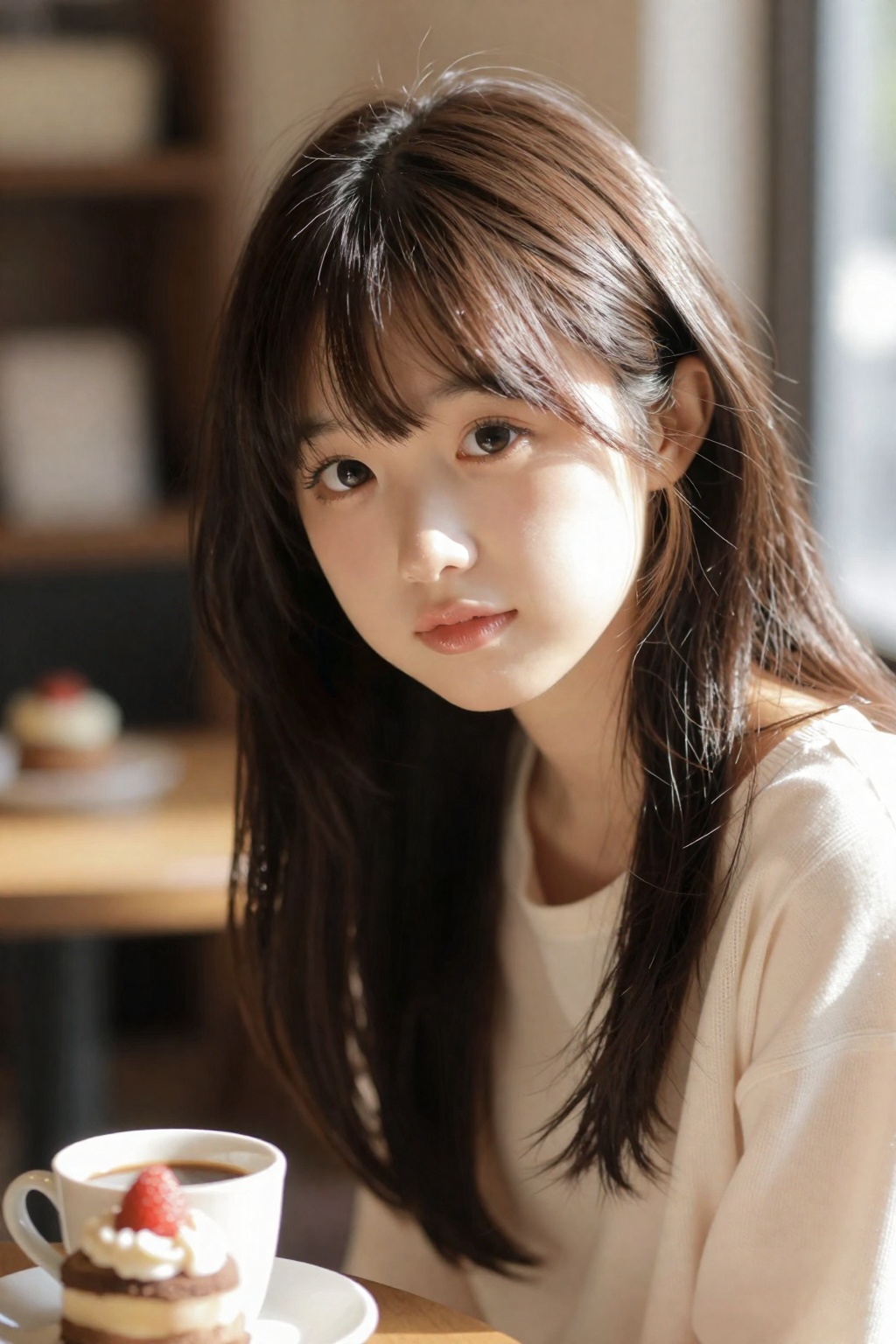 高真实度人像摄影,日系写真风格,85mm镜头,大光圈,浅景深,主体清晰锐利,背景柔和虚化,空间层次明显,真实光学表现,电影级光影,侧逆光,发丝边缘光,柔和自然光过渡
年轻少女,半身特写,面部为视觉中心,人物占画面70%以上,靠近镜头,轻微前倾
白皙通透皮肤,细腻真实肌理,自然光泽,无塑料感,五官精致,眼睛大且清澈,微微上挑,长睫毛,神情温柔或略带羞涩
发丝柔顺细腻,细节清晰
画面干净通透,高级感,日系氛围,治愈感,色彩鲜艳。

咖啡杯或甜品作为道具
少女坐在窗边,半身构图
毛衣或衬衫
自然光从侧面照射
背景虚化为暖色咖啡店环境
氛围：温暖、生活感、高级