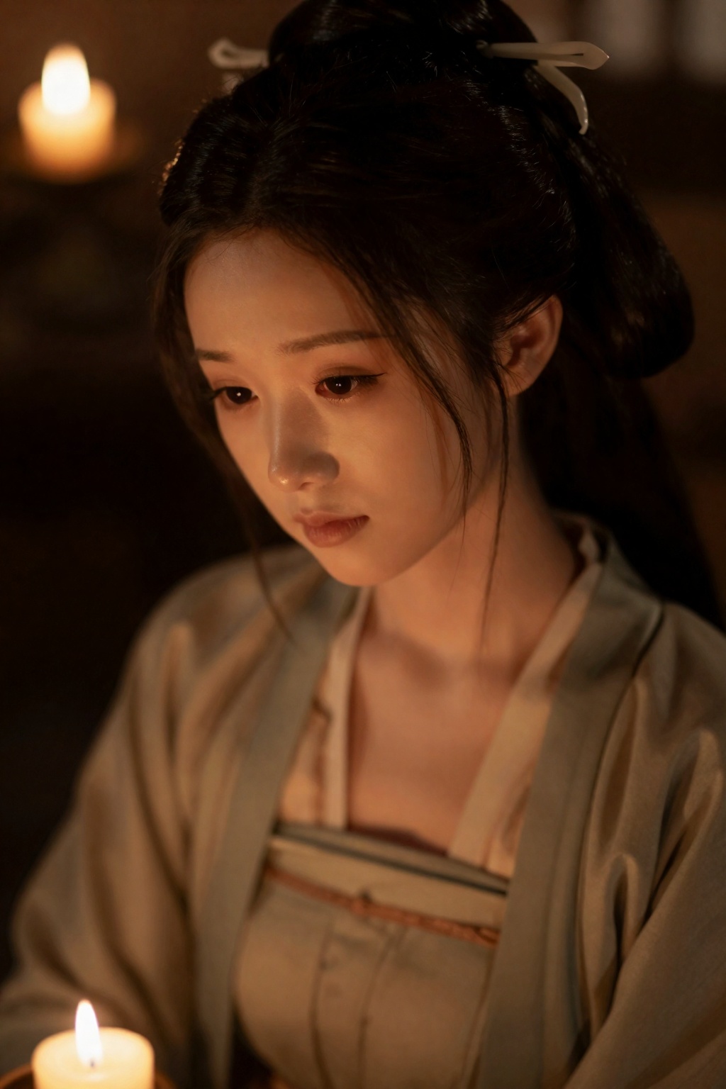 摄影与画面风格：
低光环境人像摄影,85mm镜头,大光圈。单一暖色光源（烛光）塑造面部结构,阴影柔和。

人物设定：
古代女子,面部特写,微微低头或侧视。

外观细节：
皮肤细腻,暖光映射下呈现柔和光泽。眼神含蓄,情绪内敛。

发型与头饰：
黑发盘起,简单发饰,避免干扰面部。

服装设定：
古装上半身,布料柔软。

场景与构图：
烛光在画面一侧,形成明暗对比。面部为核心焦点。

画面氛围：
安静、温暖、极具故事感。