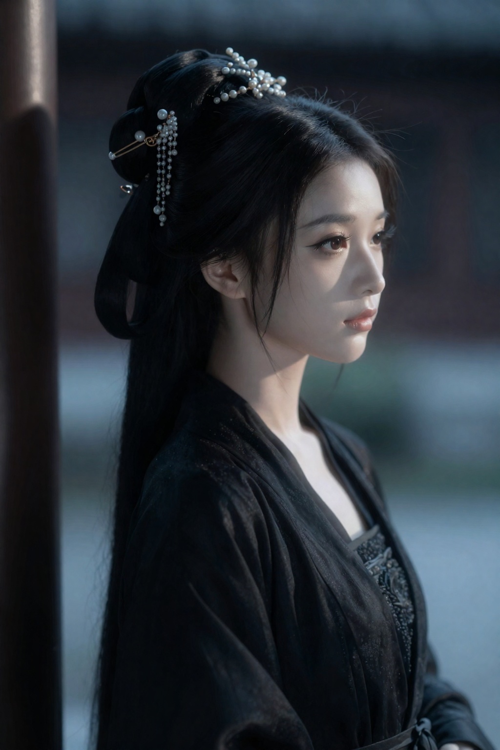 摄影与画面风格：
整体呈现高真实度摄影质感,结合古风美术表现。85mm镜头与大光圈拍摄,浅景深突出人物,背景柔和虚化。
采用冷色调侧逆光,光线沿面部轮廓滑动,形成清晰结构光与柔和阴影,具有电影级光影层次。

人物设定：
古代女子,半身侧脸特写,头部微微转动,神情清冷克制。

外观细节：
冷白皮,皮肤细腻通透,质感真实。眼型狭长,眼尾上挑,睫毛纤长。

发型与头饰：
黑发盘起,佩戴精致珠玉发饰,细节清晰但不过度复杂。

服装设定：
深色古装,上半身结构利落,材质具有厚度与纹理。

场景与构图：
夜晚窗边或庭院,背景虚化为暗色层次。半身特写,留白增强画面呼吸感。

画面氛围：
冷静、疏离、具有东方审美的克制美。